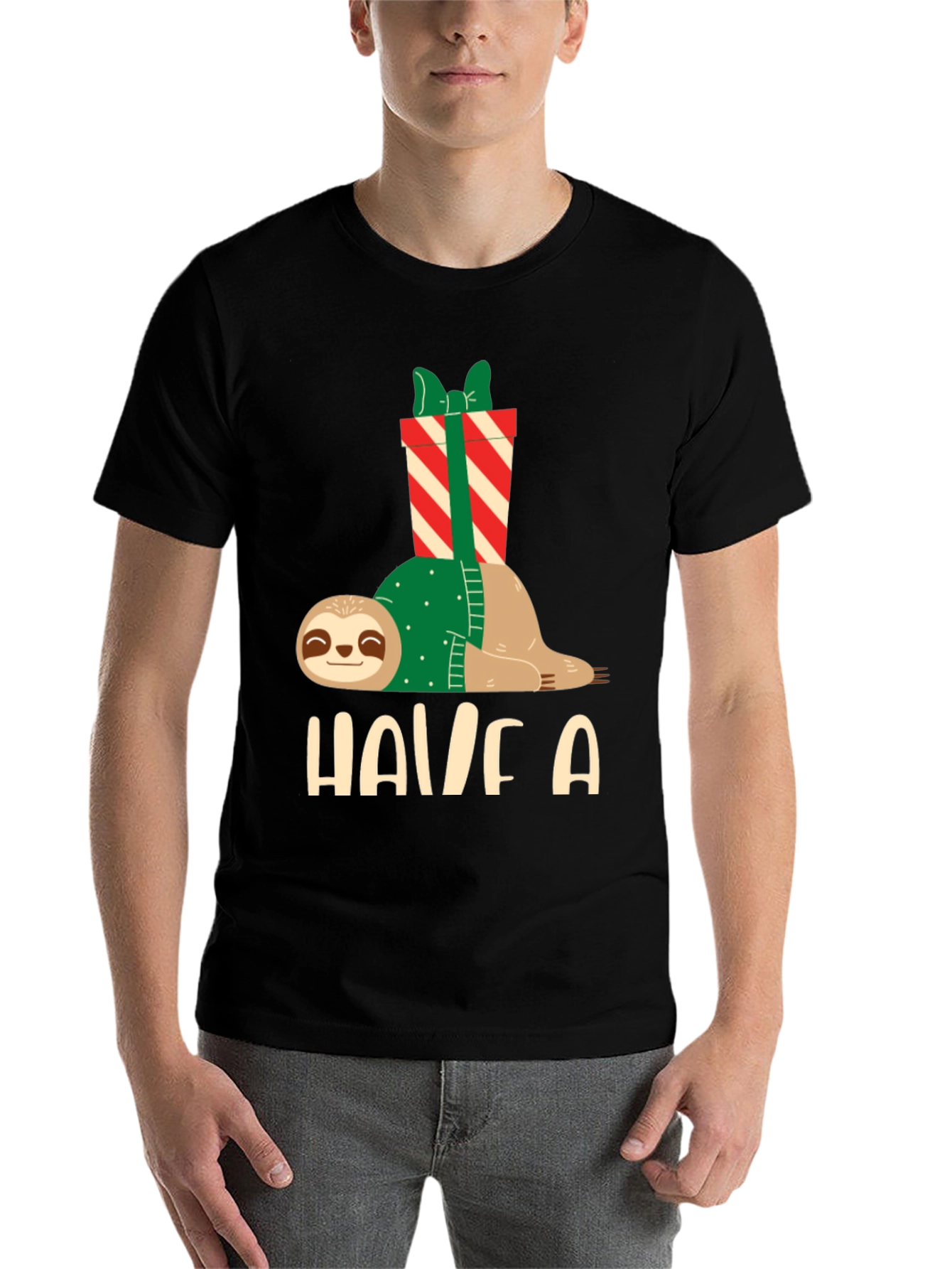 Black Holiday Sloth T-Shirt - Festive Relaxed Fit view 7