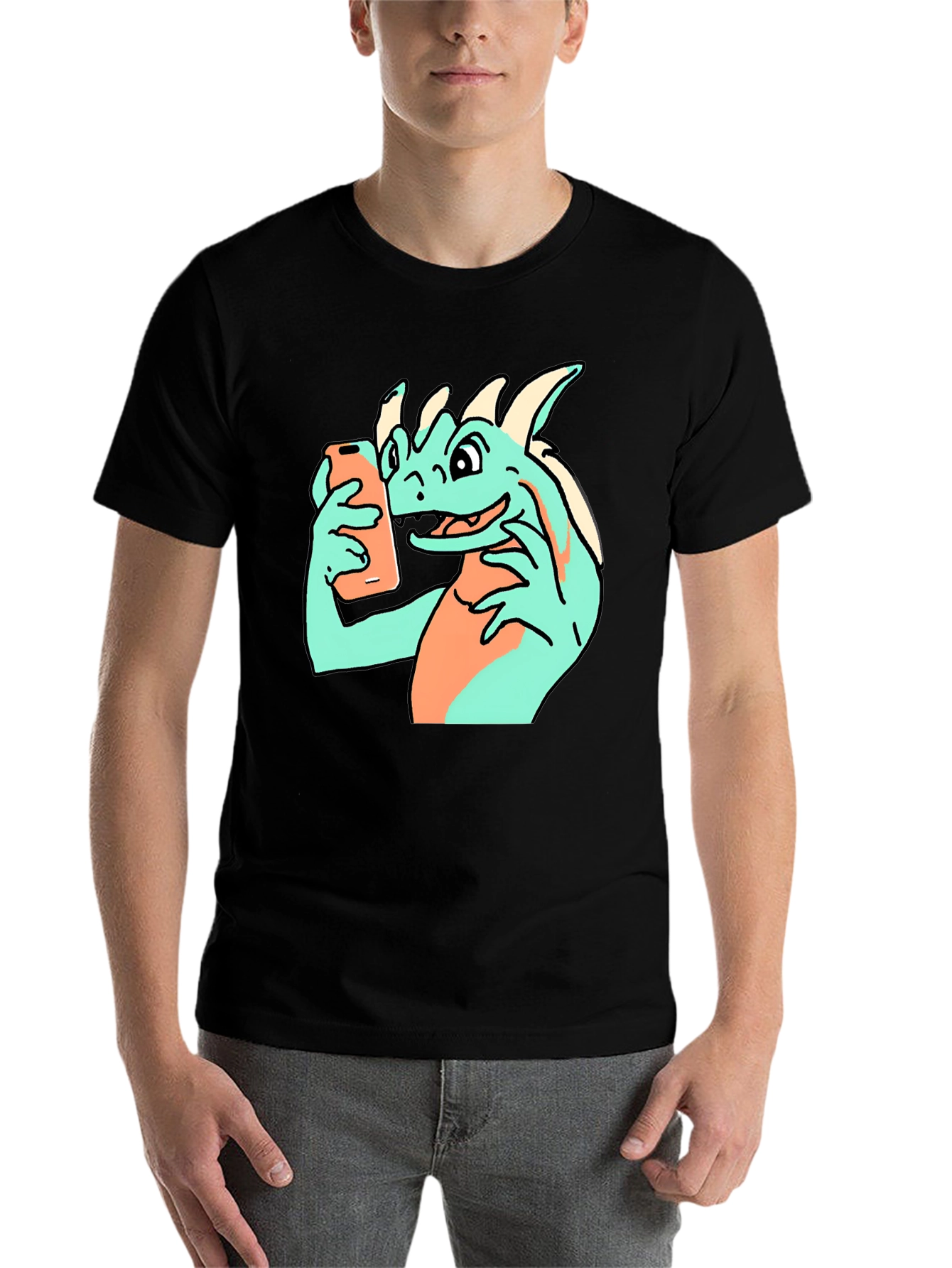Black Funny Dragon Selfie Black T-Shirt view 7
