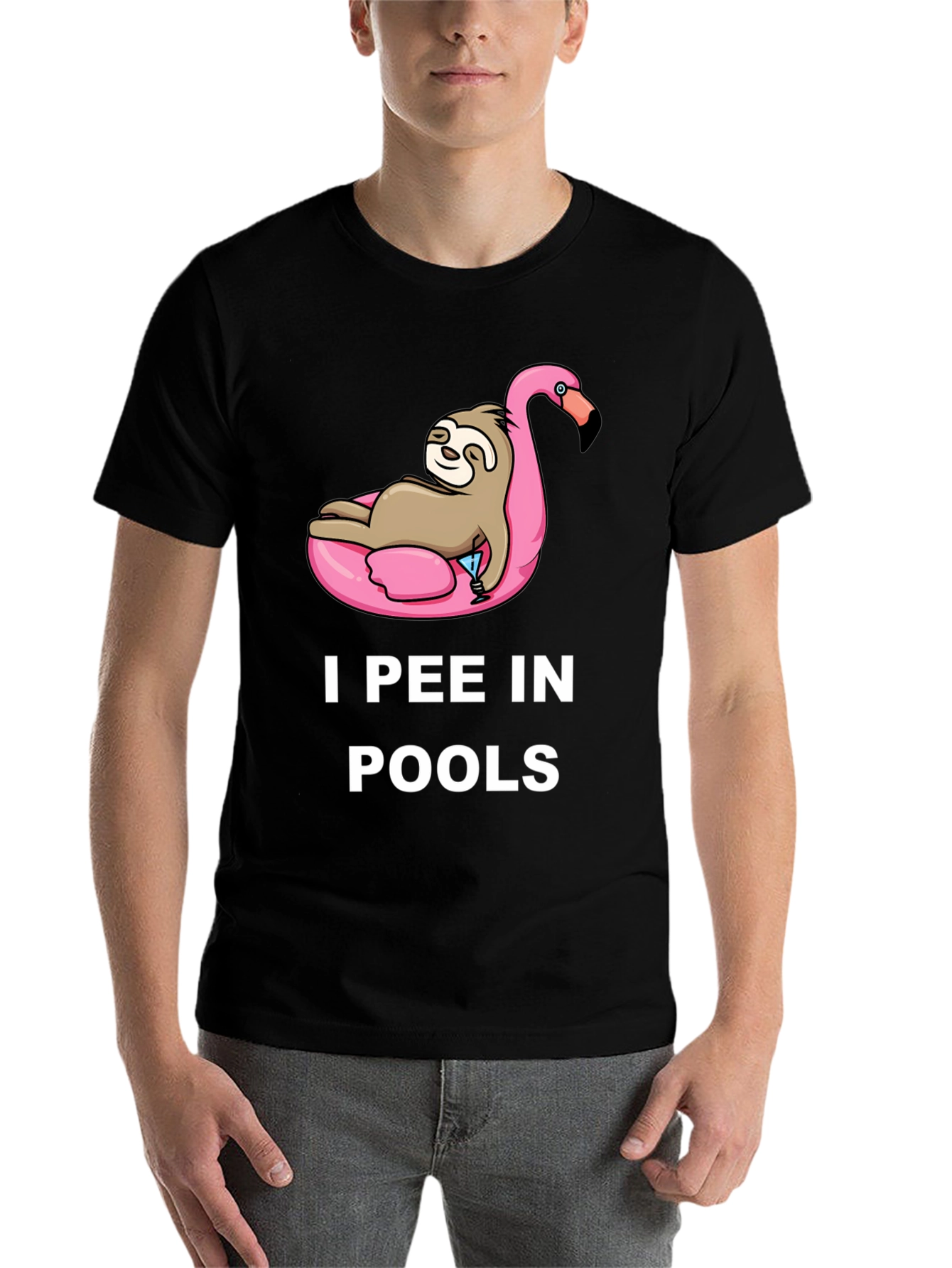 Black Sloth on Flamingo Pool Float T-Shirt - I Pee in Pools view 7