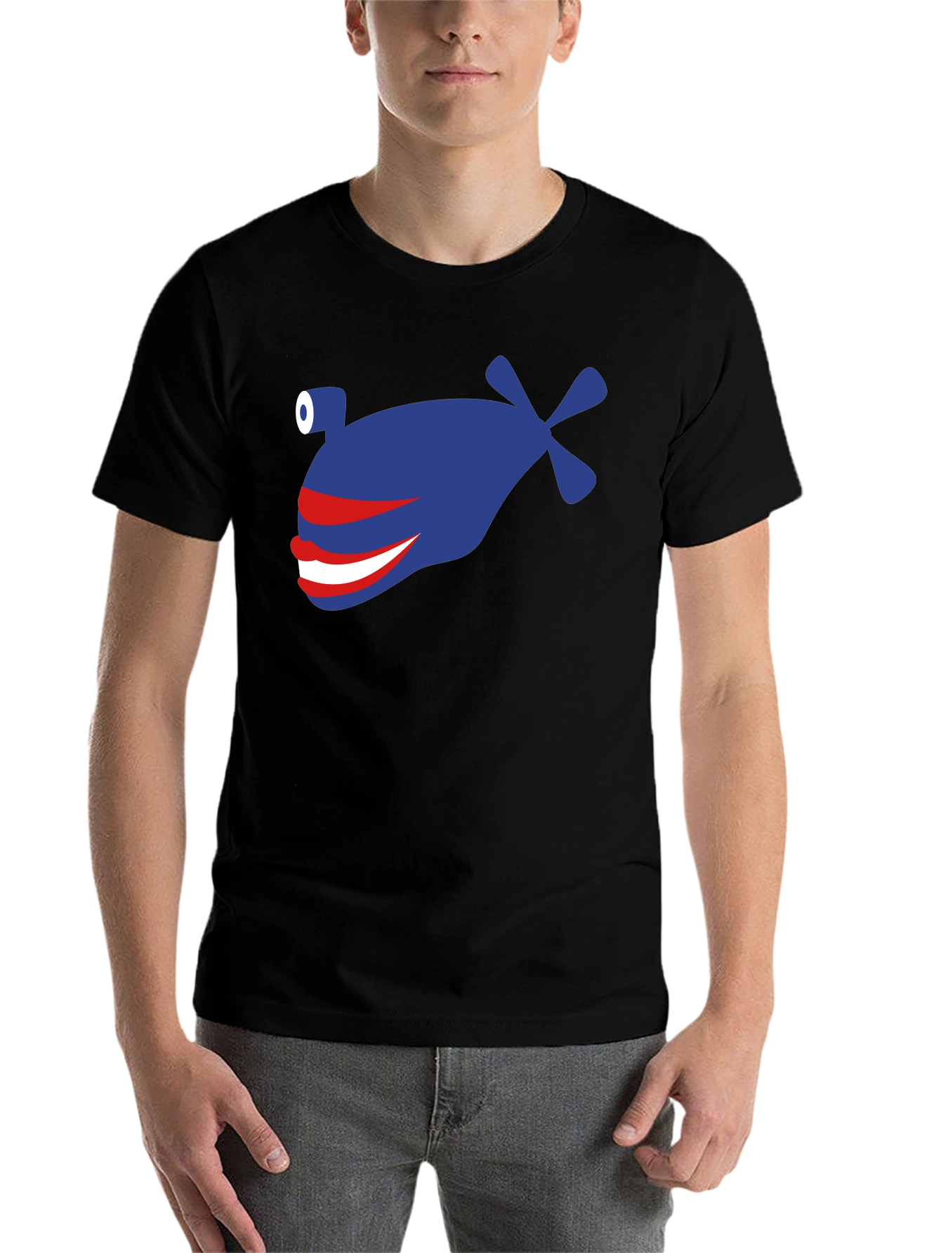 Black Funny Blue Fish Graphic T-Shirt - Crew Neck, Short Sleeve view 7