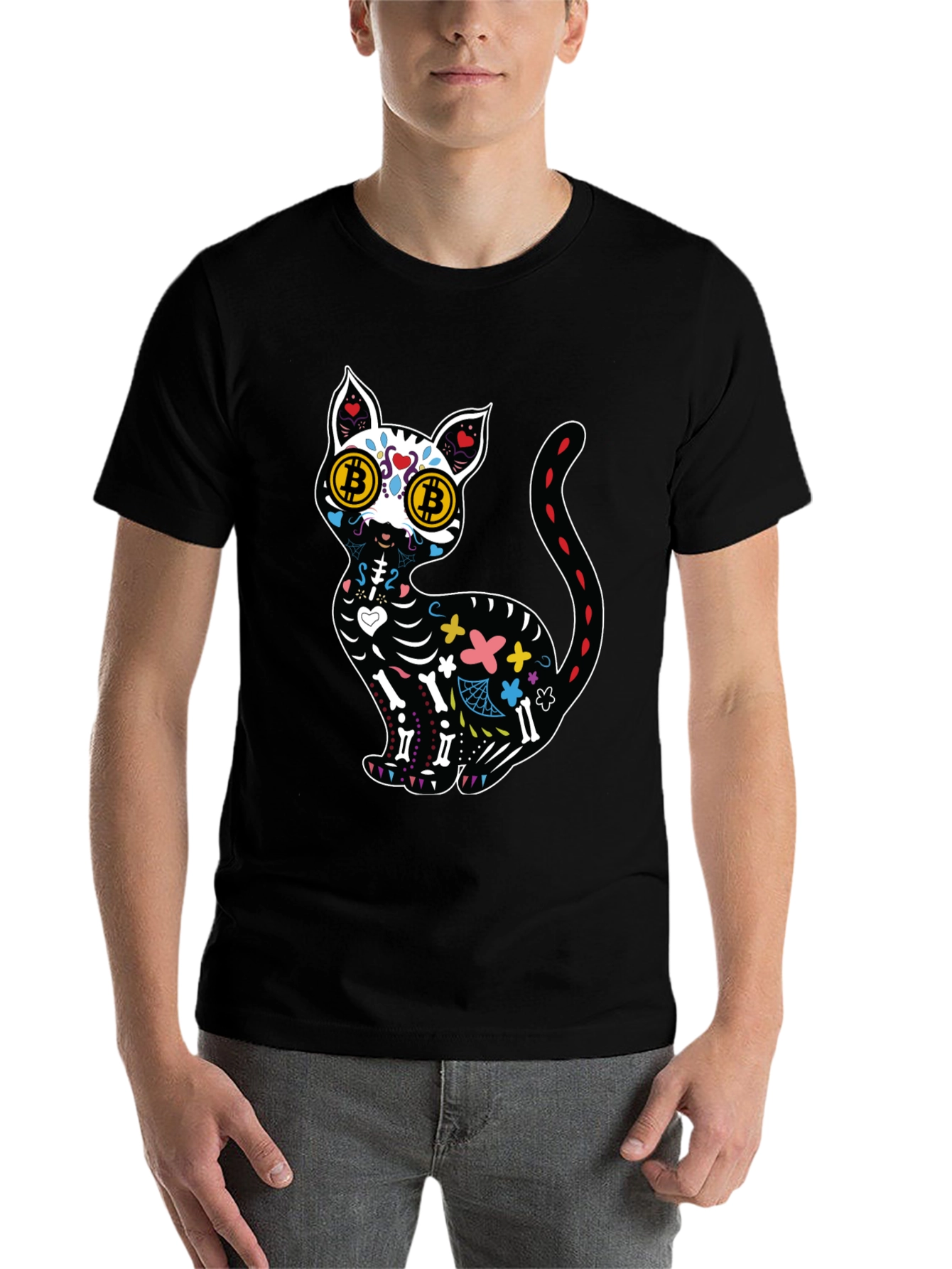 Black Bitcoin Cat Sugar Skull T-Shirt view 7