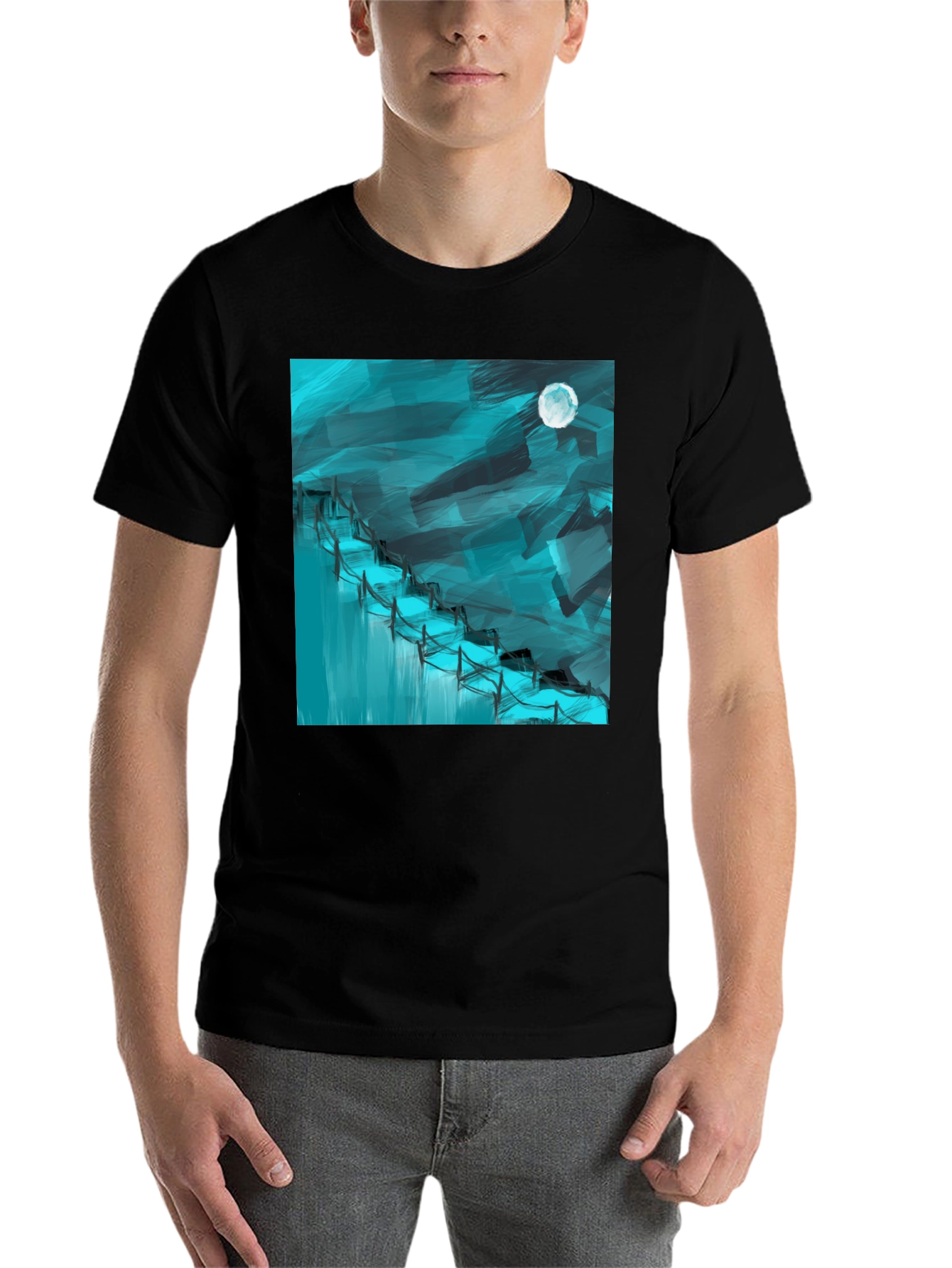 Black Abstract Moonlit Waterfall Graphic Tee - Black Cotton Blend view 7