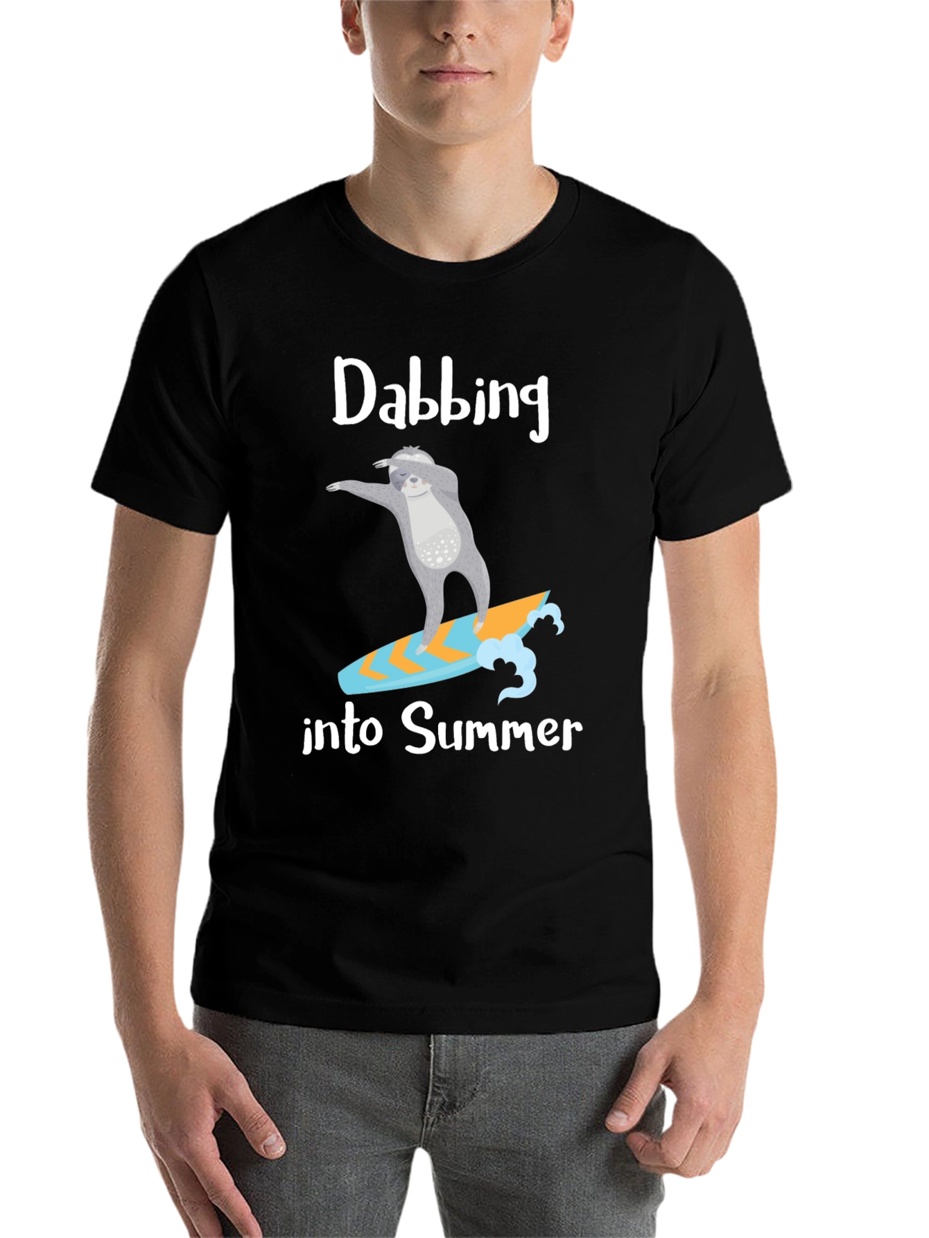 Black Dabbing Sloth Surfing Summer T-Shirt view 7