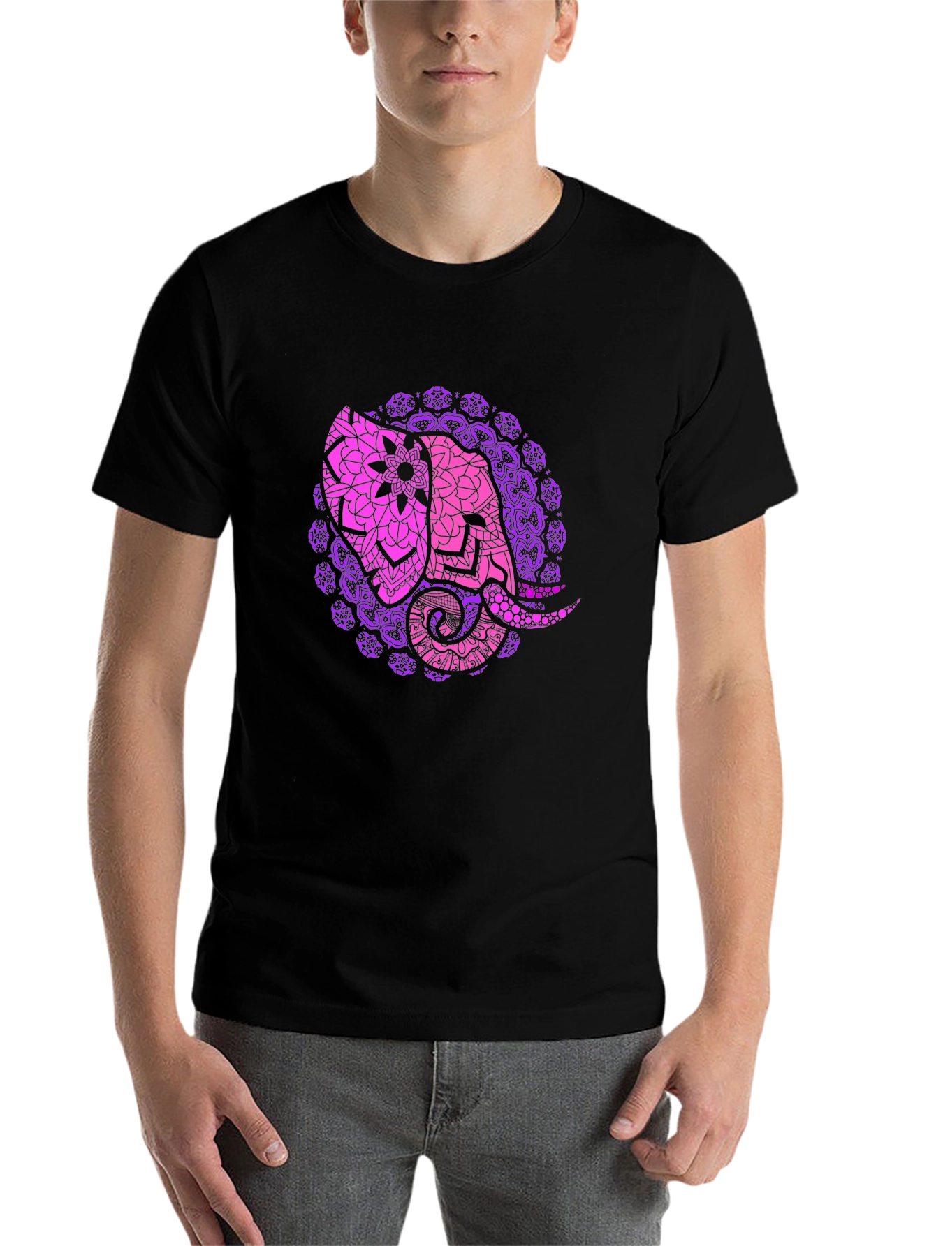 Black Elephant Mandala Black T-Shirt view 7