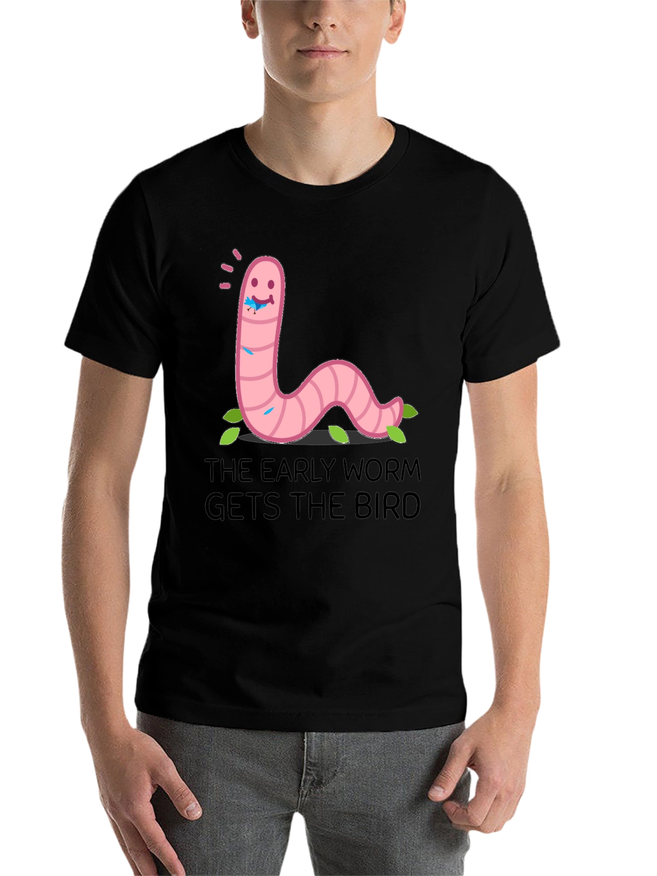 Black Early Worm T-Shirt: Get the Bird Funny Tee view 7