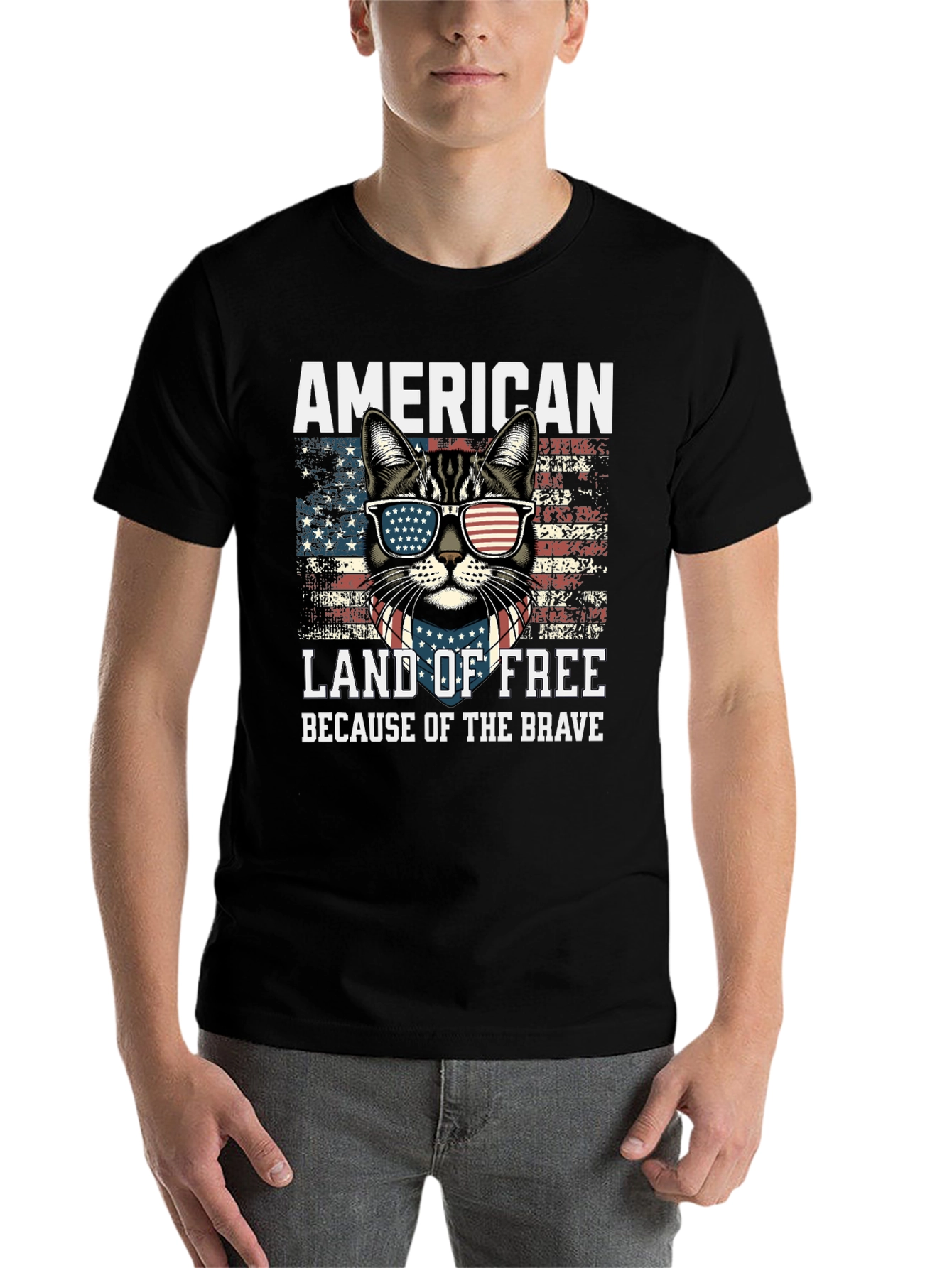 Black American Cat T-Shirt Land of Free view 7