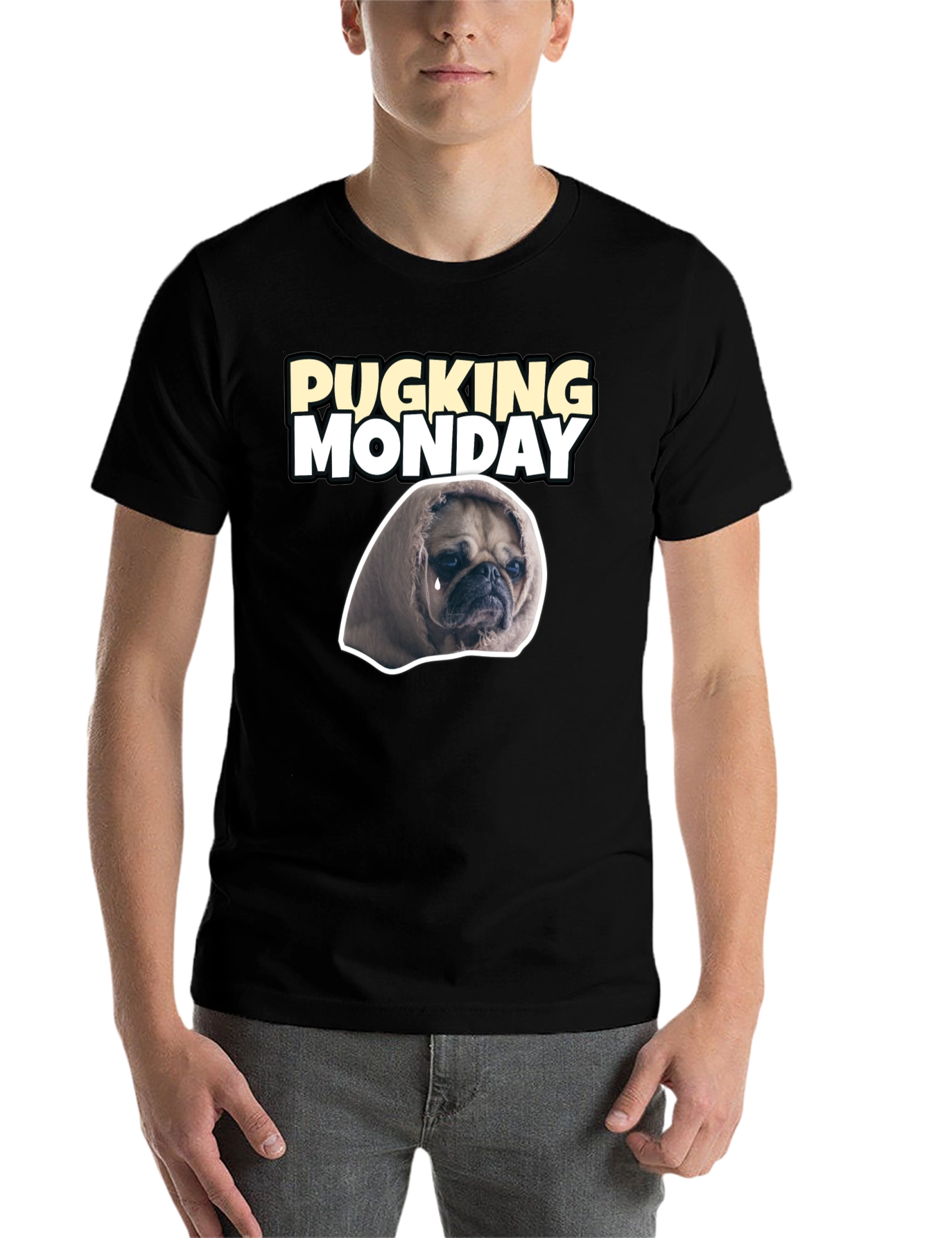 Black Pucking Monday Sad Pug Graphic T-Shirt view 7
