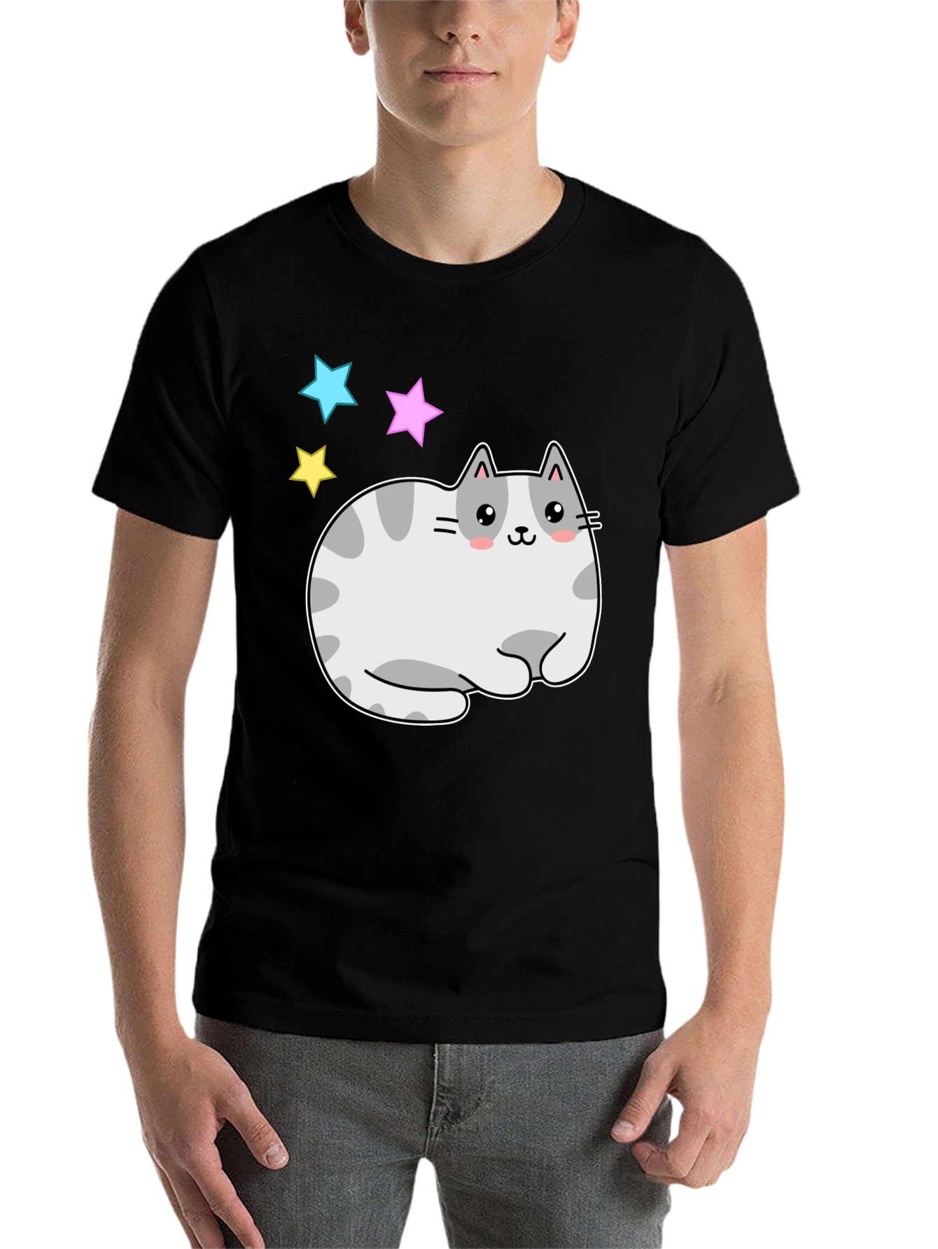 Black Cute Kawaii Cat Stars Graphic T-Shirt view 7