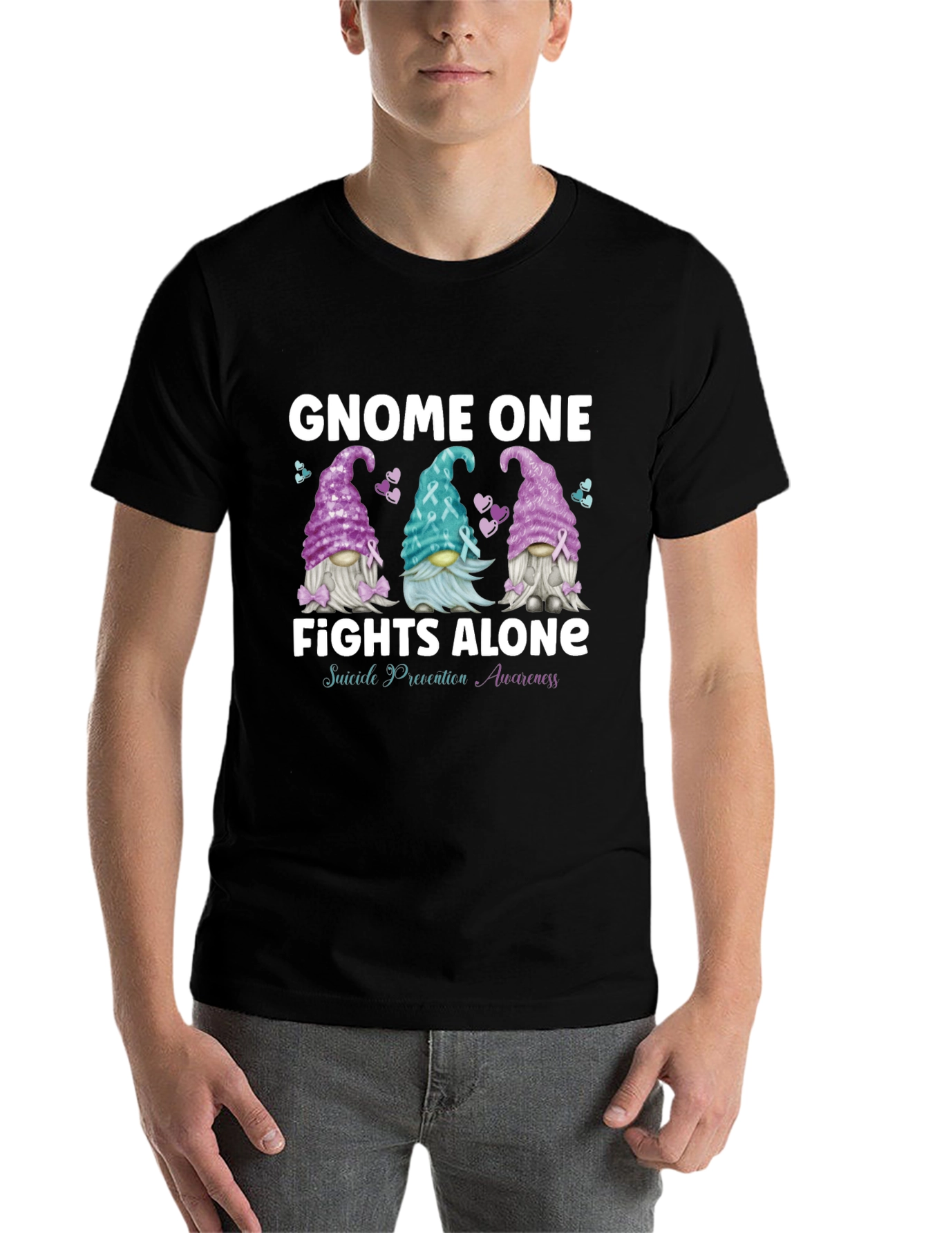 Black Gnome One Fights Alone Suicide Awareness T-Shirt view 7