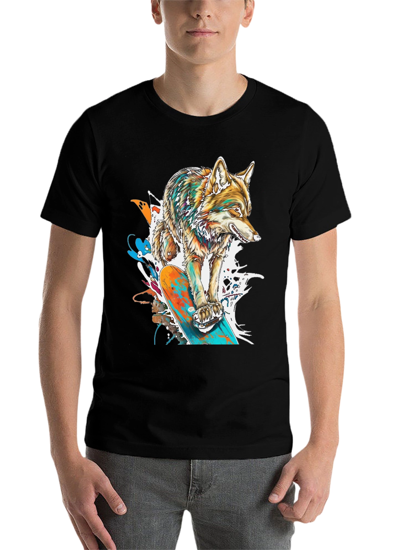 Black Skateboarding Wolf Graphic T-Shirt - Cool Animal Tee view 7