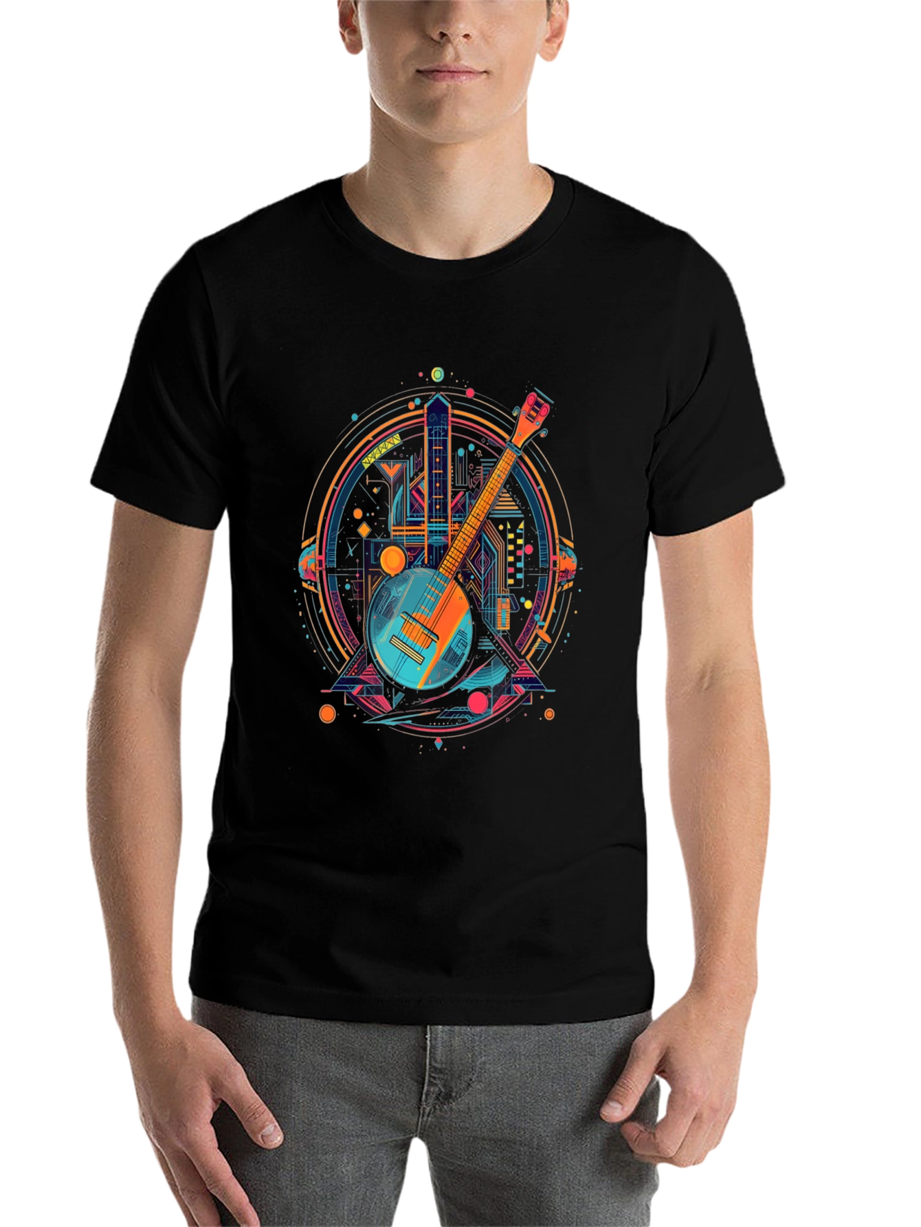 Black Neon Banjo Graphic T-Shirt - Unique Music Design view 7