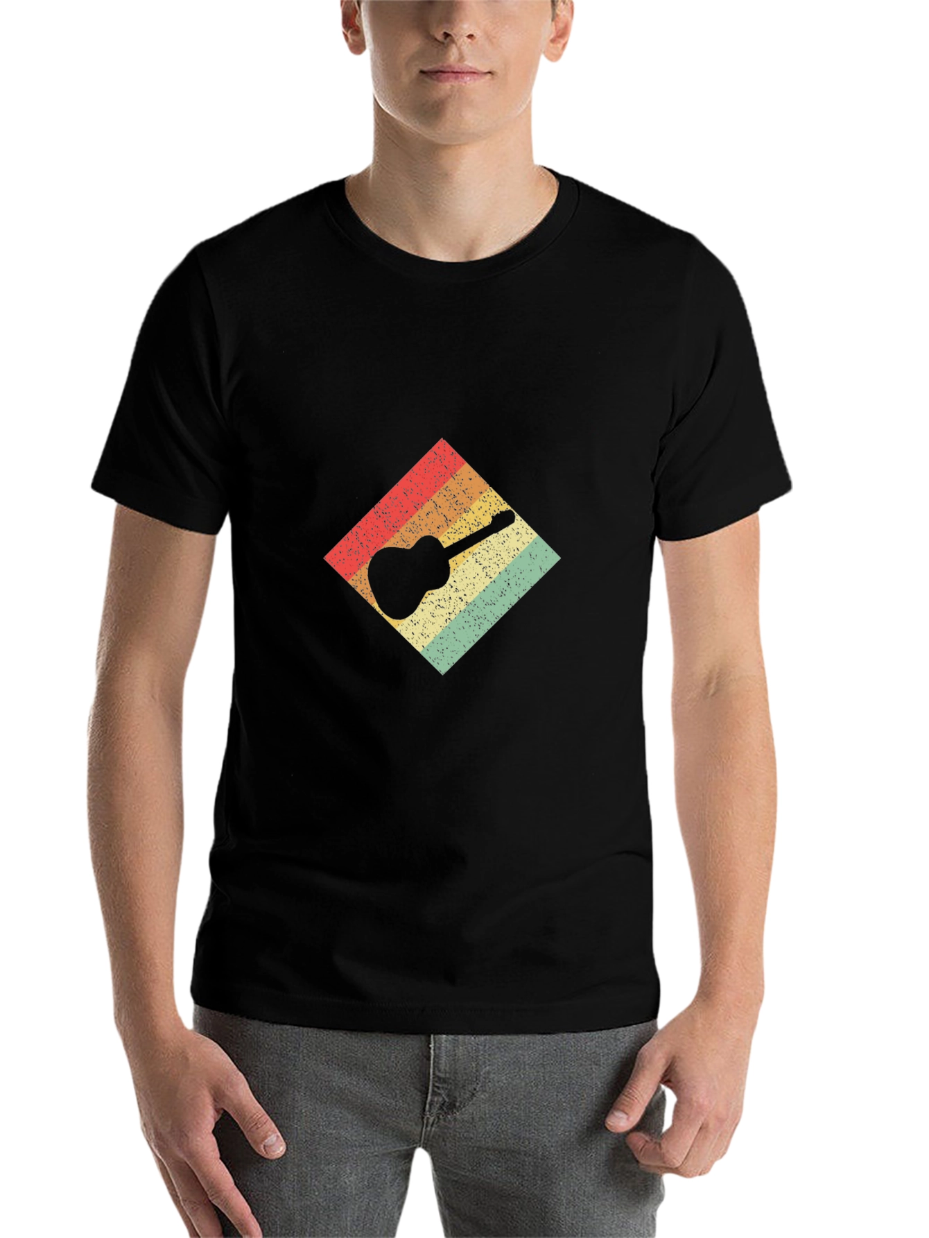Black Retro Guitar Graphic Tee - Black Cotton T-Shirt view 7