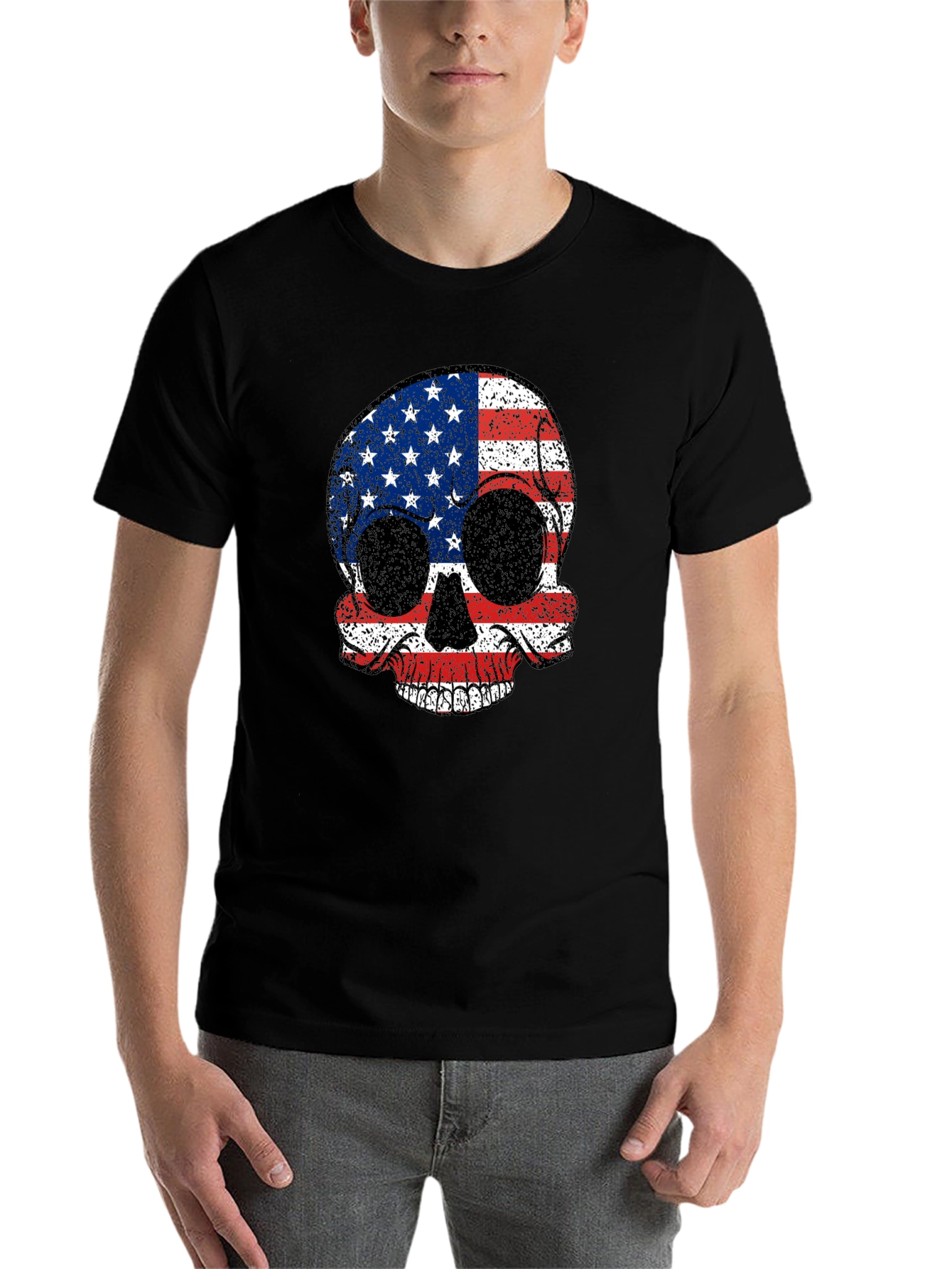 Black American Flag Skull Graphic Tee - Patriotic Style view 7