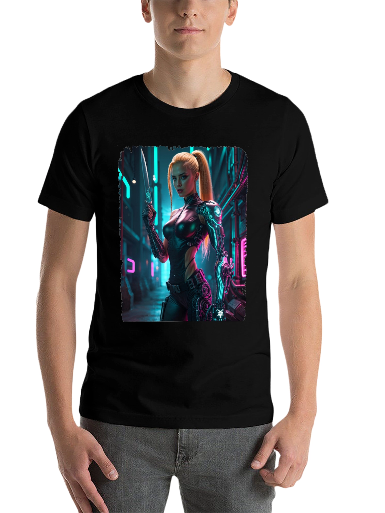 Black Cyberpunk Girl T-Shirt - Sci-Fi Warrior Tee view 7