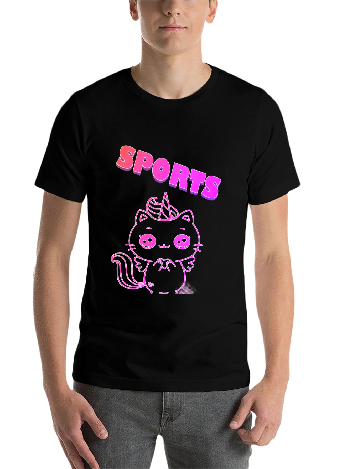 Black SPORTS Cat Unicorn Black T-Shirt view 7