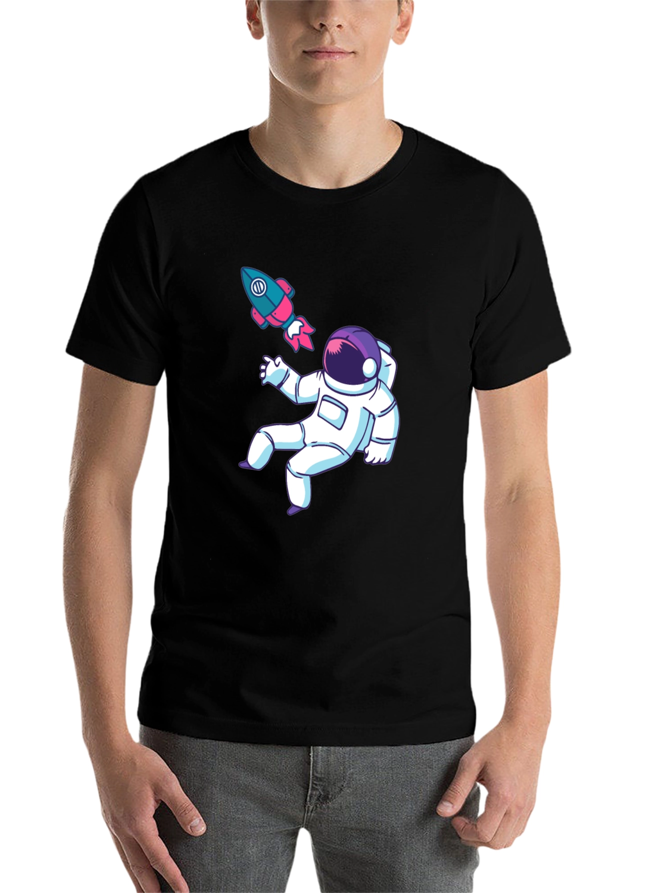 Black Astronaut & Rocket Graphic Tee - Black Cotton T-Shirt view 7