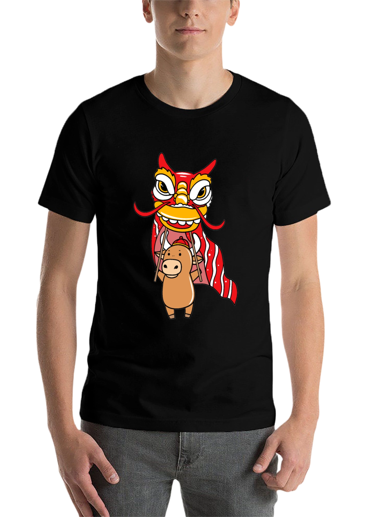 Black Cute Ox & Lion Dance Graphic T-Shirt view 7