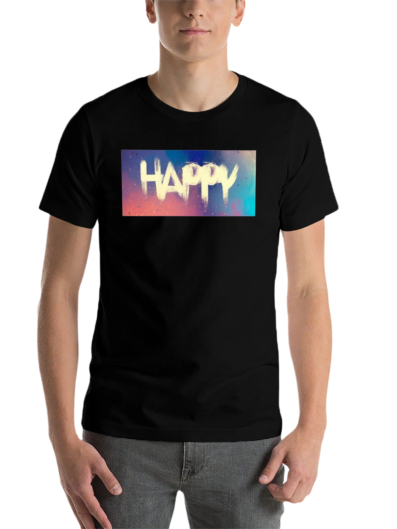 Black Happy Graphic Tee - Black Cotton Casual Shirt view 7
