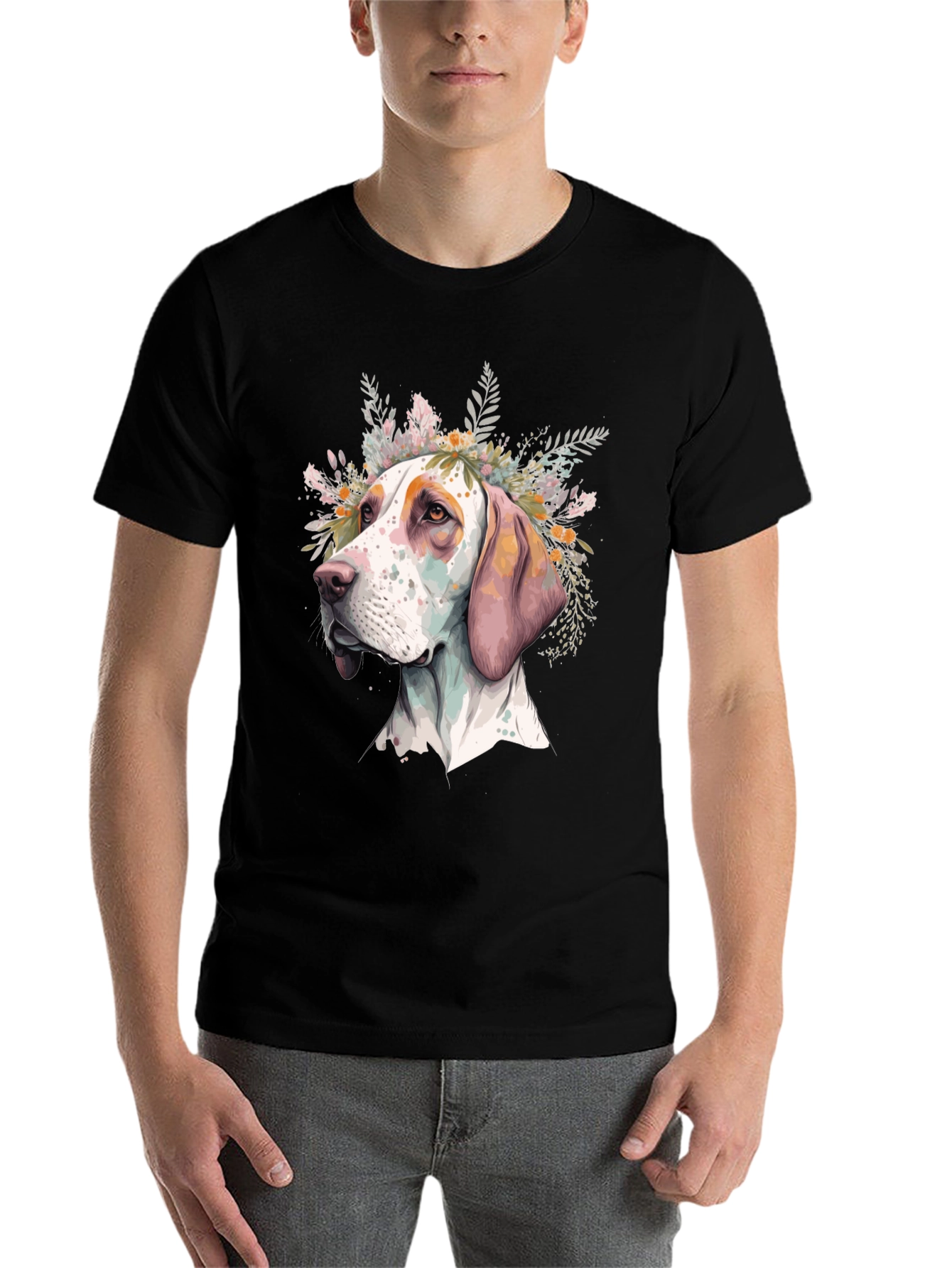 Black Dog with Flowers Graphic Tee - Unisex Black T-Shirt view 7