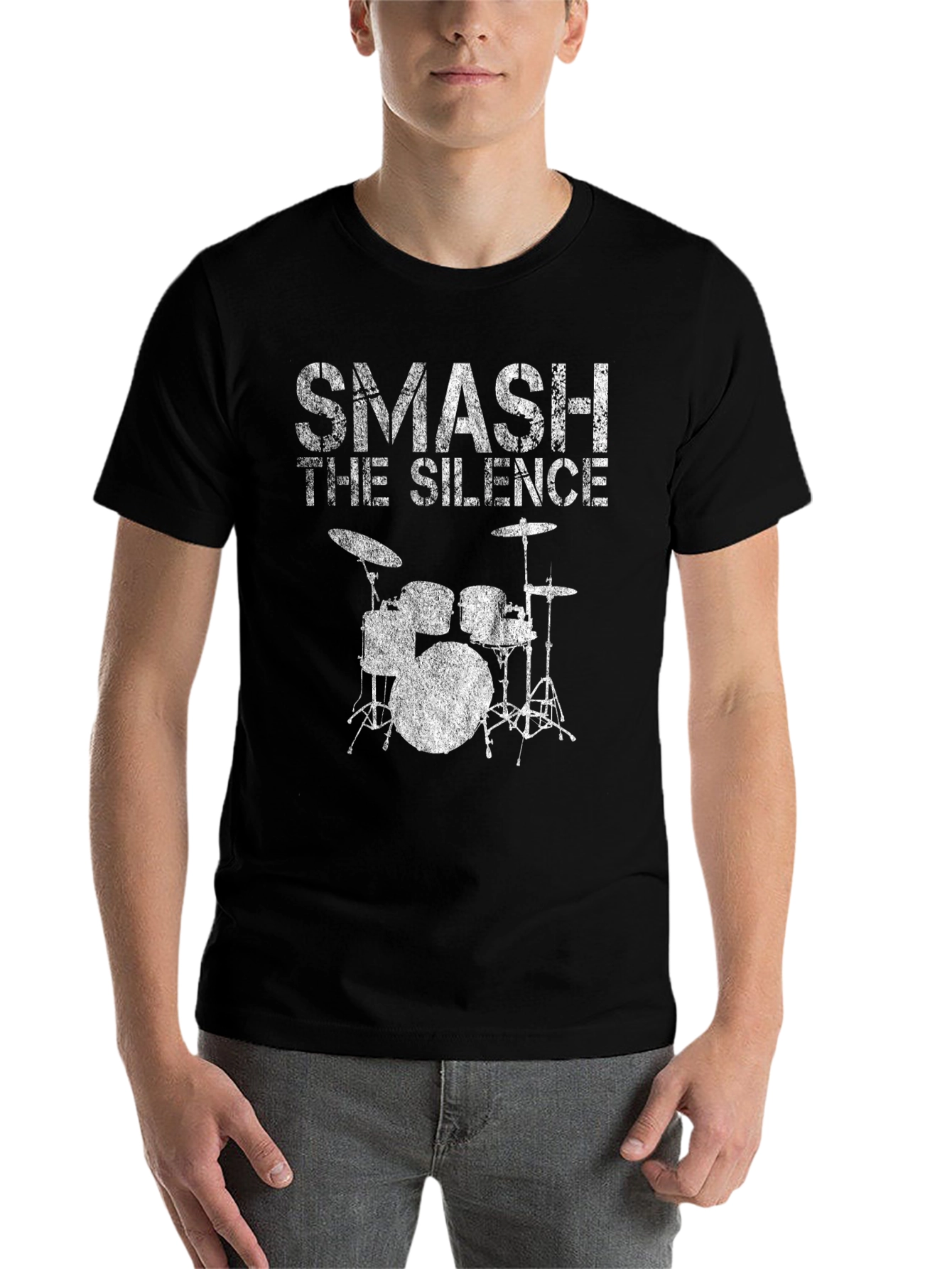 Black Smash the Silence Drum Set Black Graphic T-Shirt view 7