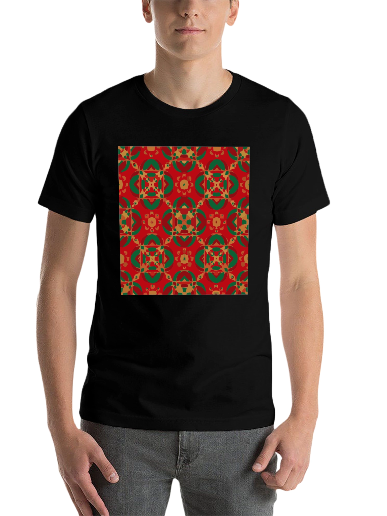Black Festive Patterned Crew Neck T-Shirt view 7