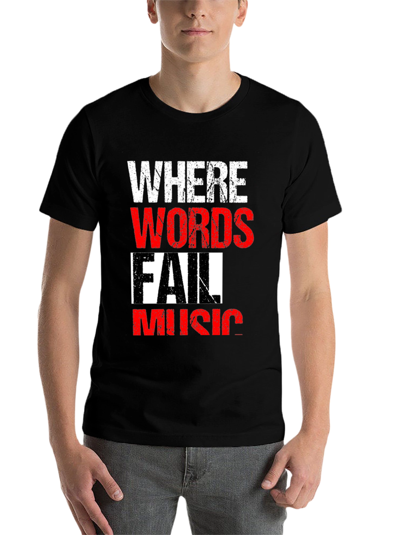 Black Where Words Fail Music Men's Black T-Shirt view 7