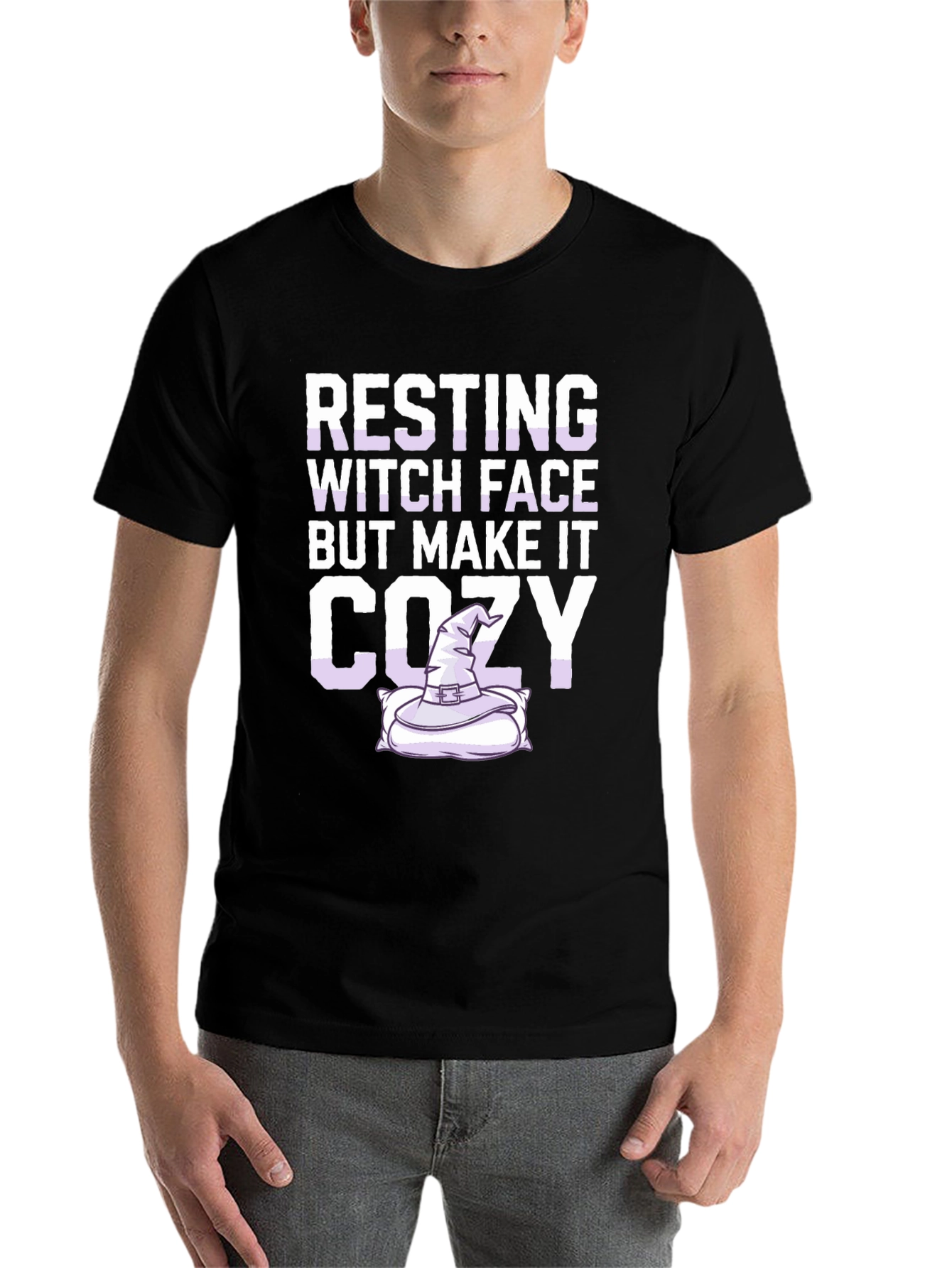 Black Resting Witch Face Cozy T-Shirt - Halloween Apparel view 7