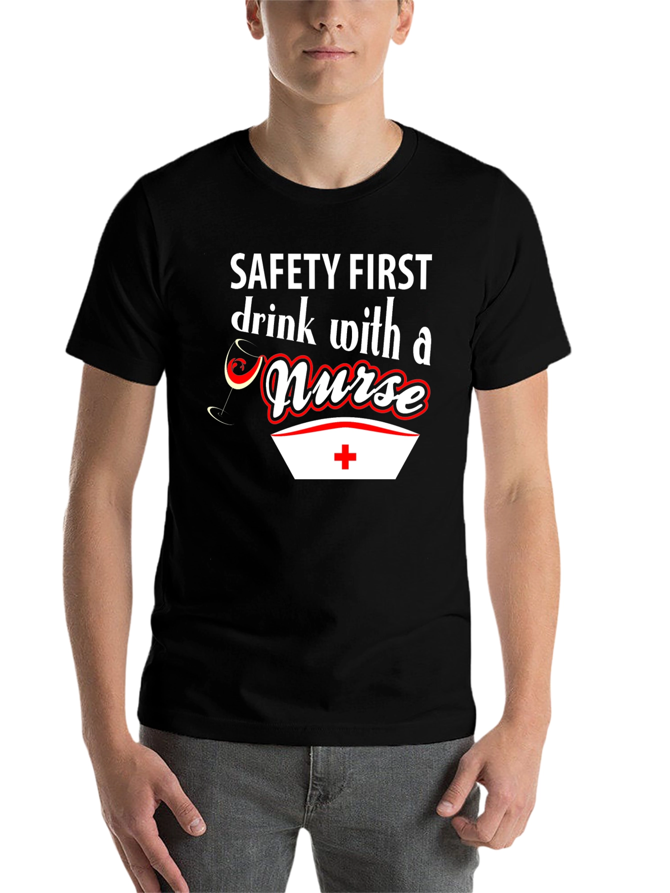 Black Safety First Drink With a Nurse T-Shirt view 7