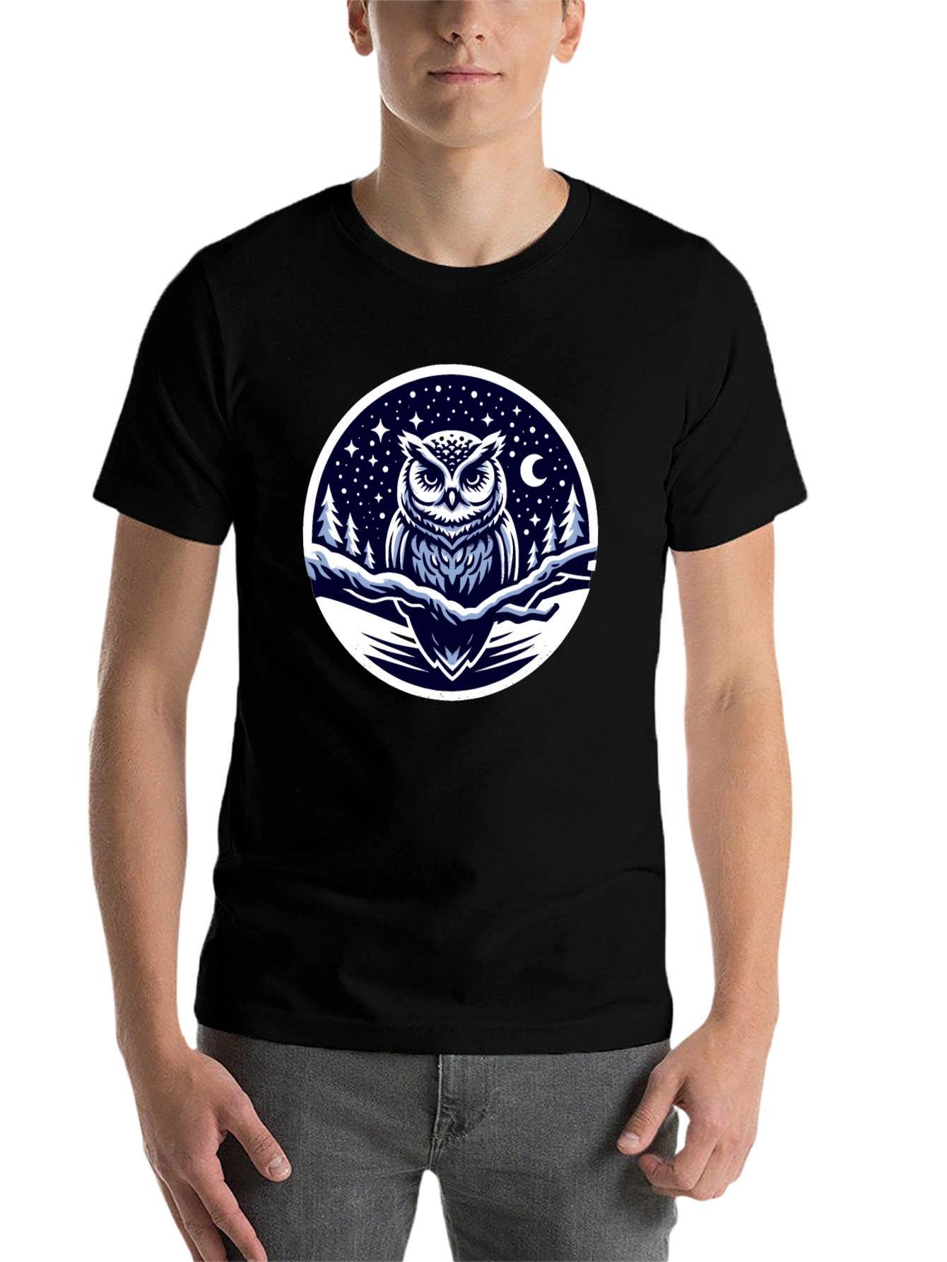 Black Owl Night Sky Graphic Tee - Black Cotton Blend view 7