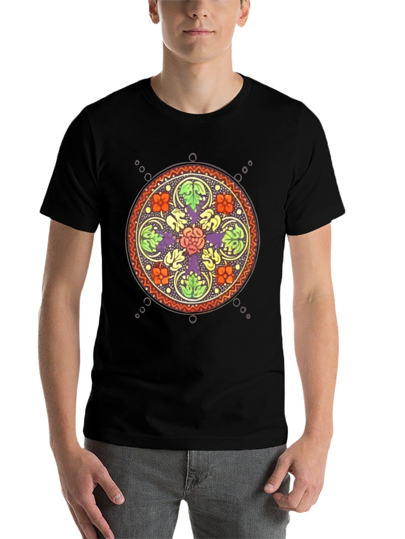 Black Floral Mandala Graphic Black T-Shirt view 7