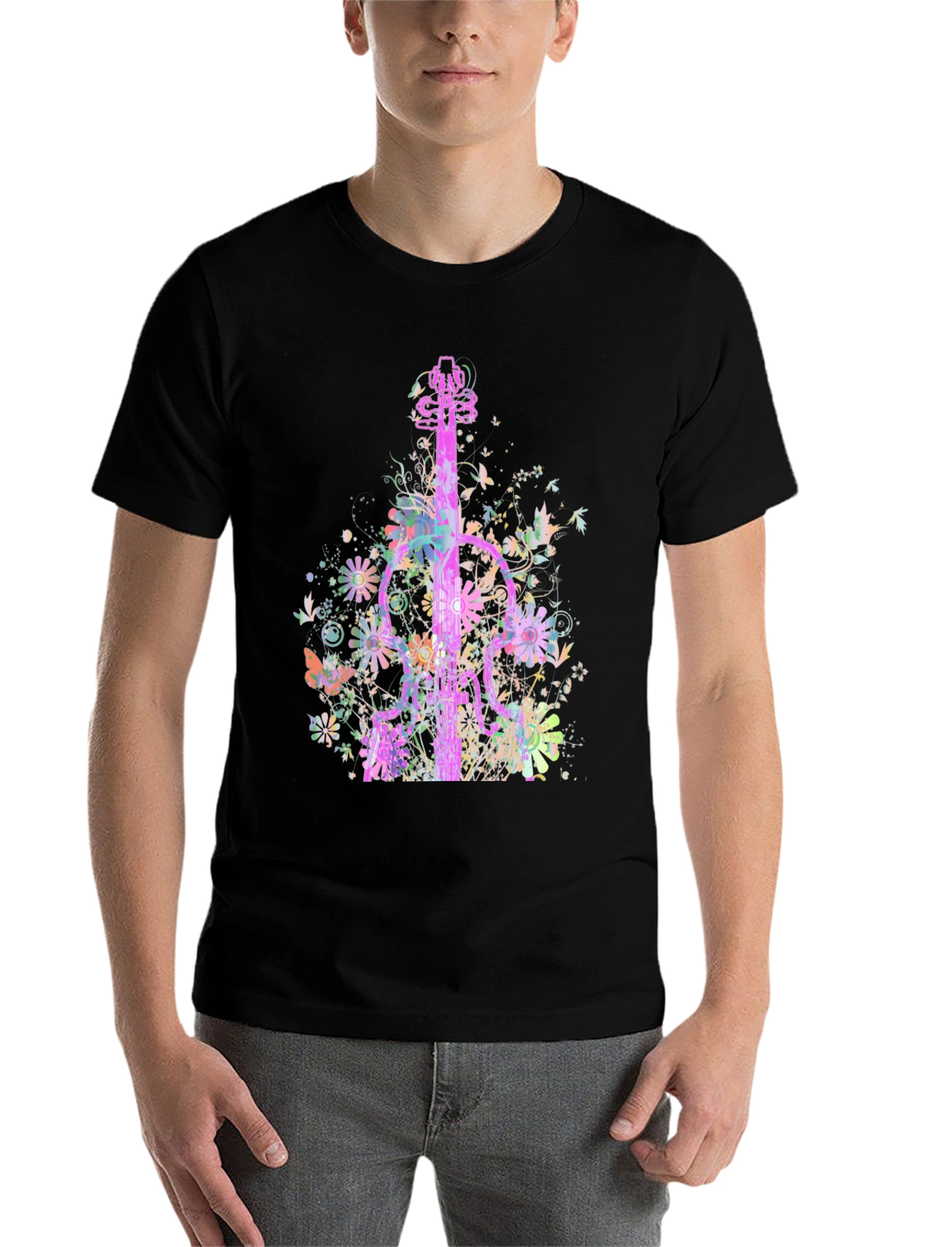 Black Floral Guitar Graphic T-Shirt view 7