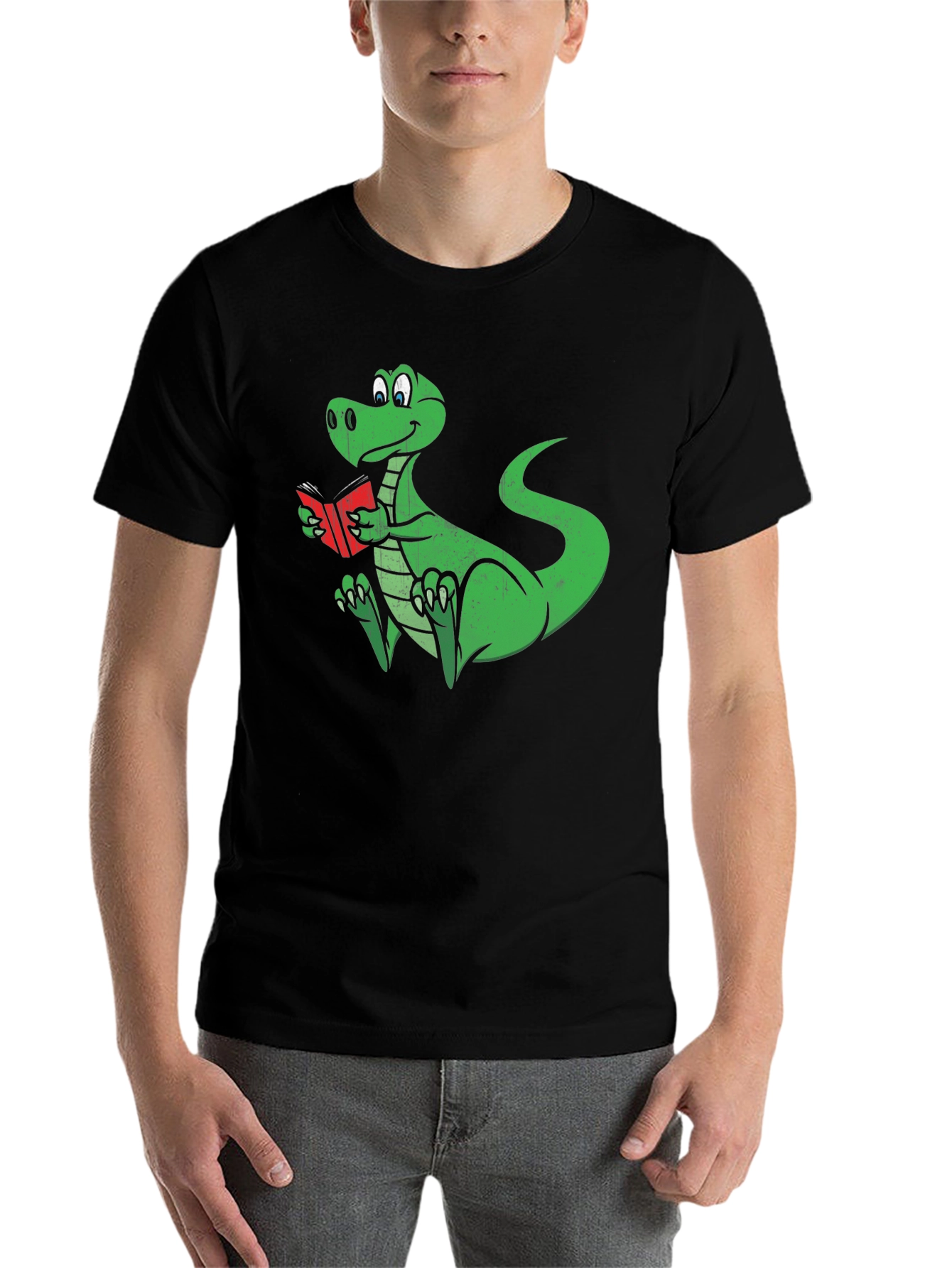 Black Dino Reading T-Shirt - Black Cotton Graphic Tee view 7