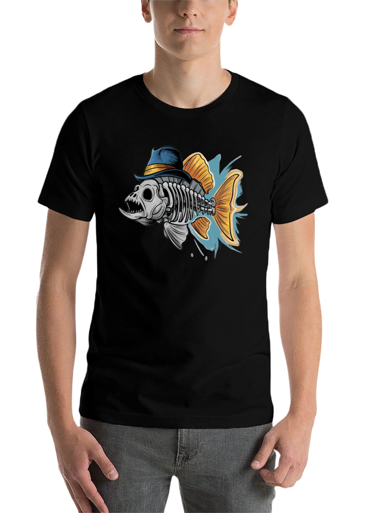 Black Fish Skeleton in Hat Graphic T-Shirt view 7