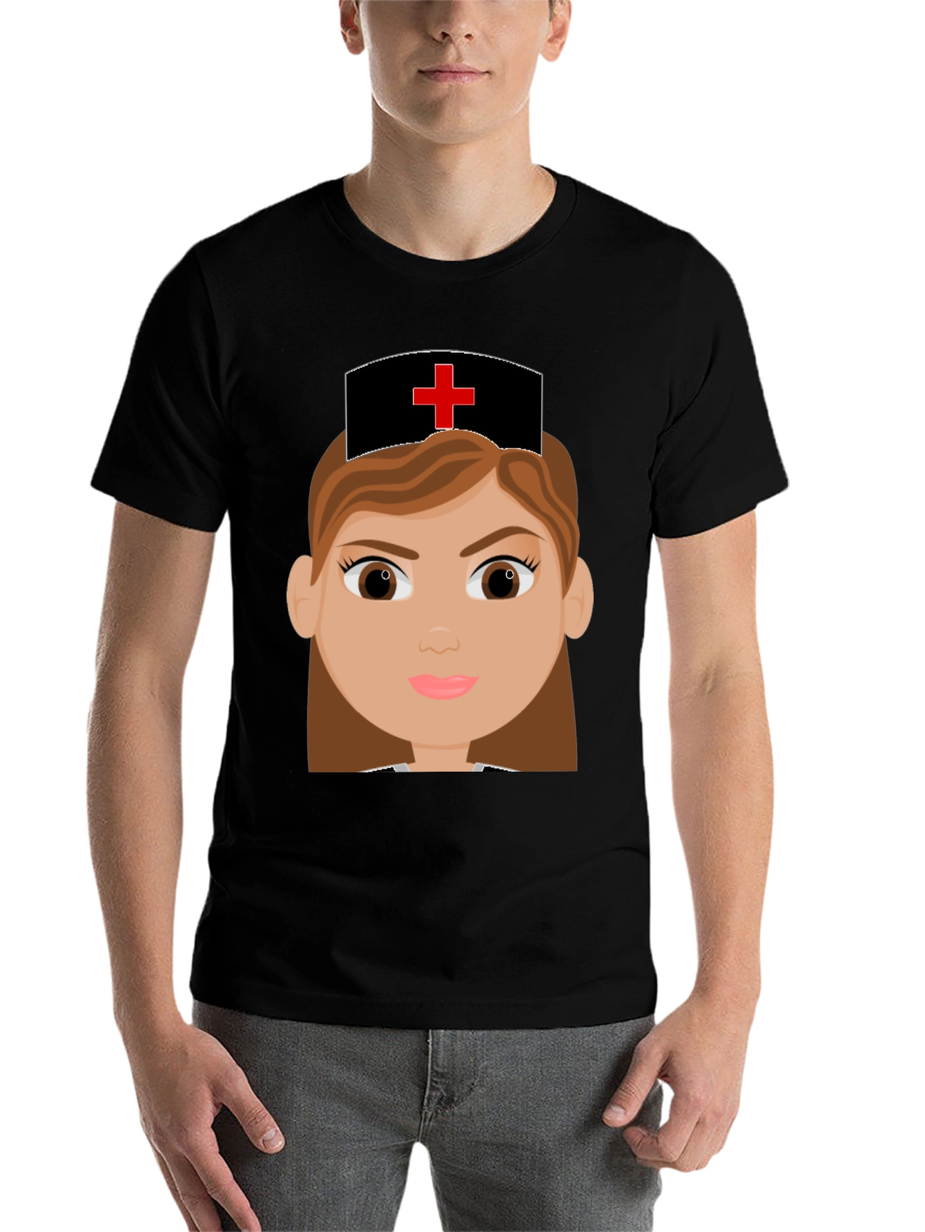 Cartoon Nurse Graphic Tee - Black Cotton Blend T-Shirt - 7