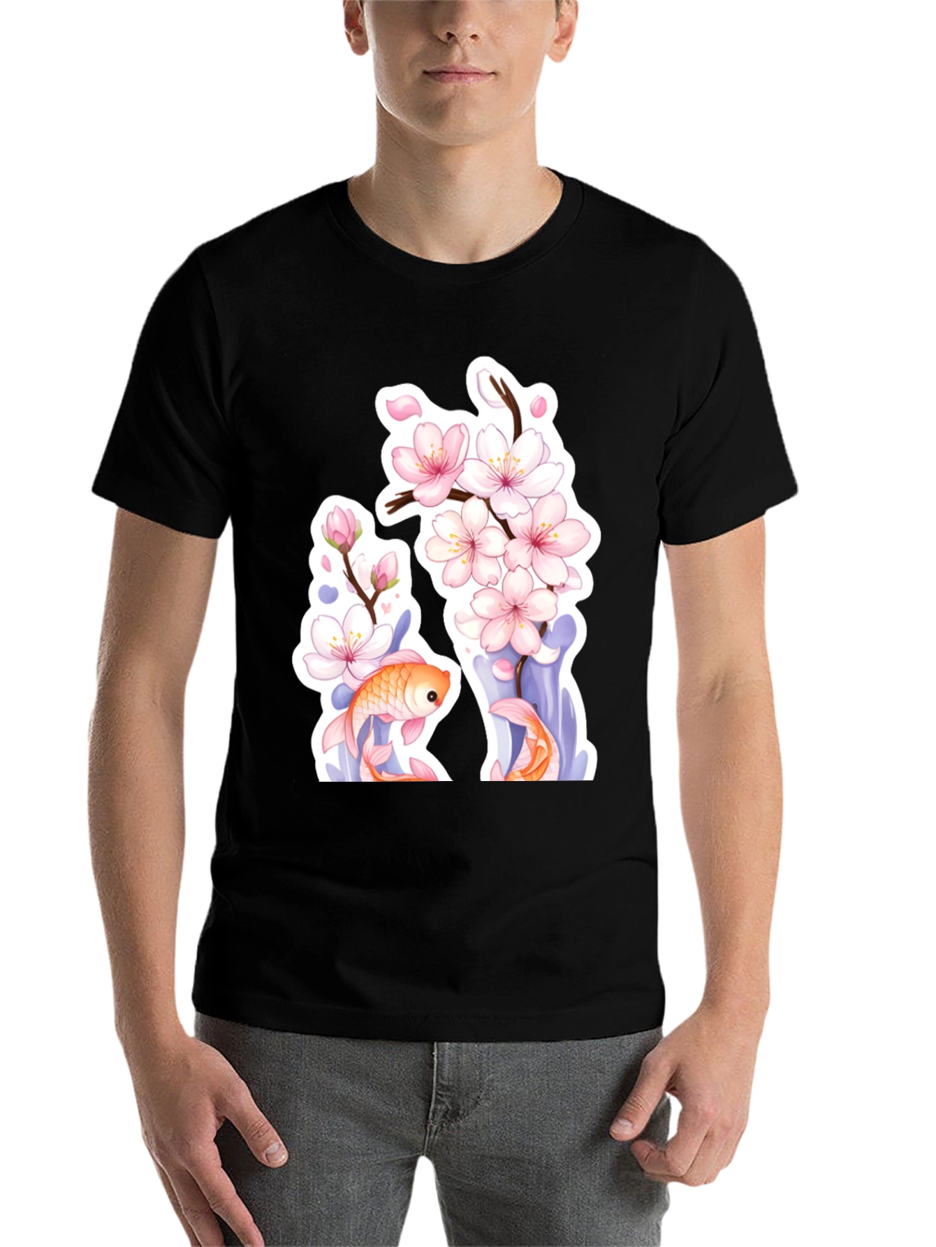 Black Cherry Blossom Koi Fish Graphic Tee view 7