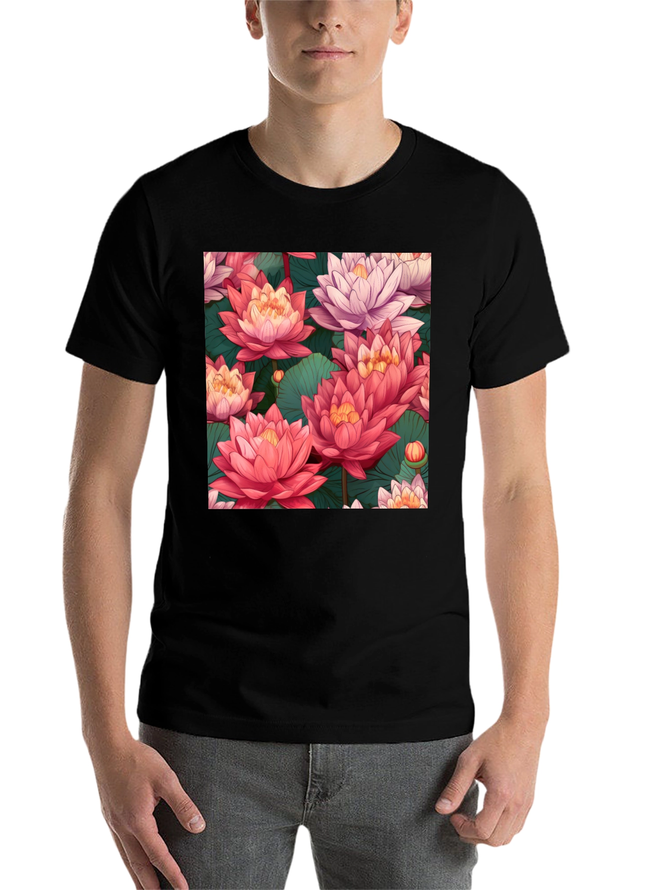 Black Lotus Floral Print Black T-Shirt view 7