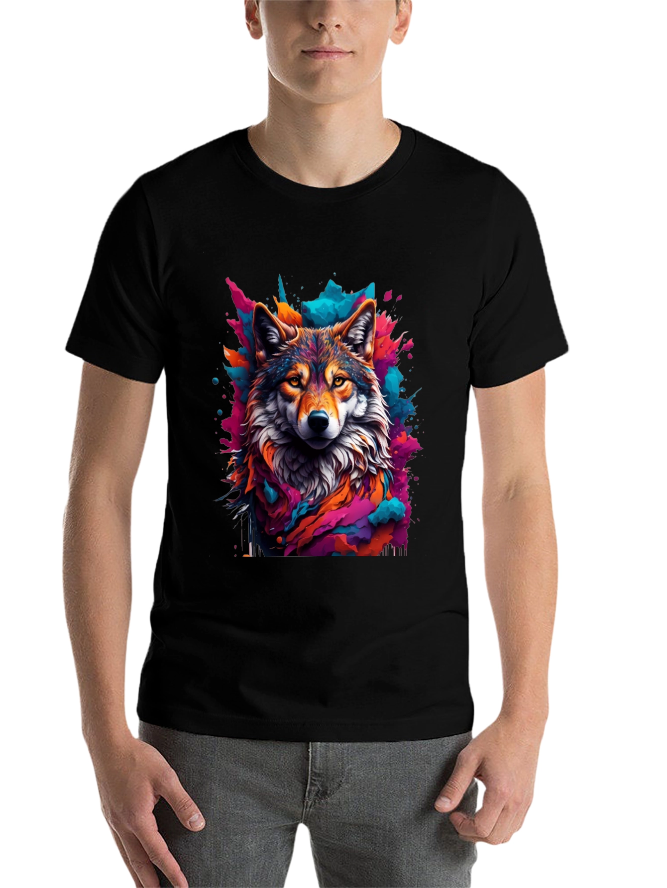 Black Wolf Art Graphic Black Tee - Vibrant Men's T-Shirt view 7