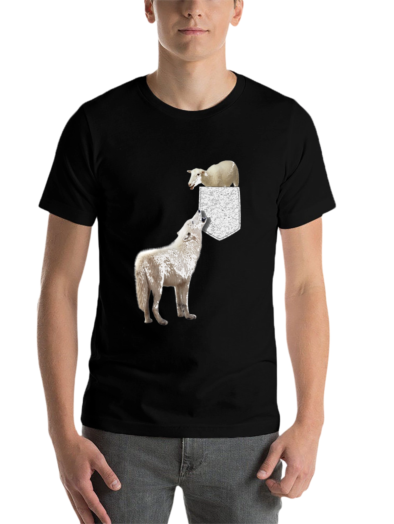 Black Wolf and Sheep Pocket T-Shirt - Unique Graphic Tee view 7