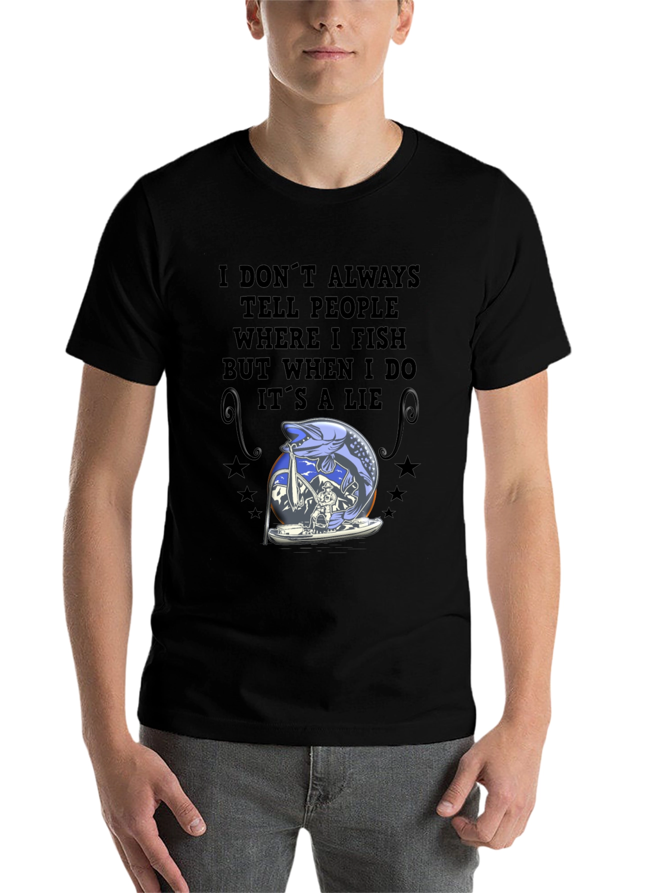 Black Fishing Lie T-Shirt - Angler Humor Tee view 7