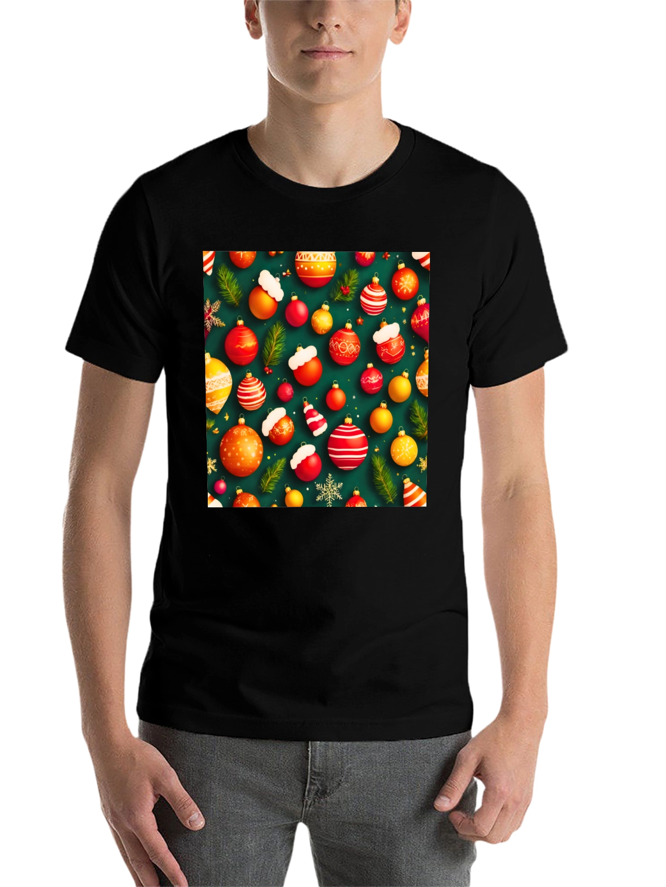 Black Festive Holiday Ornament Pattern T-Shirt view 7