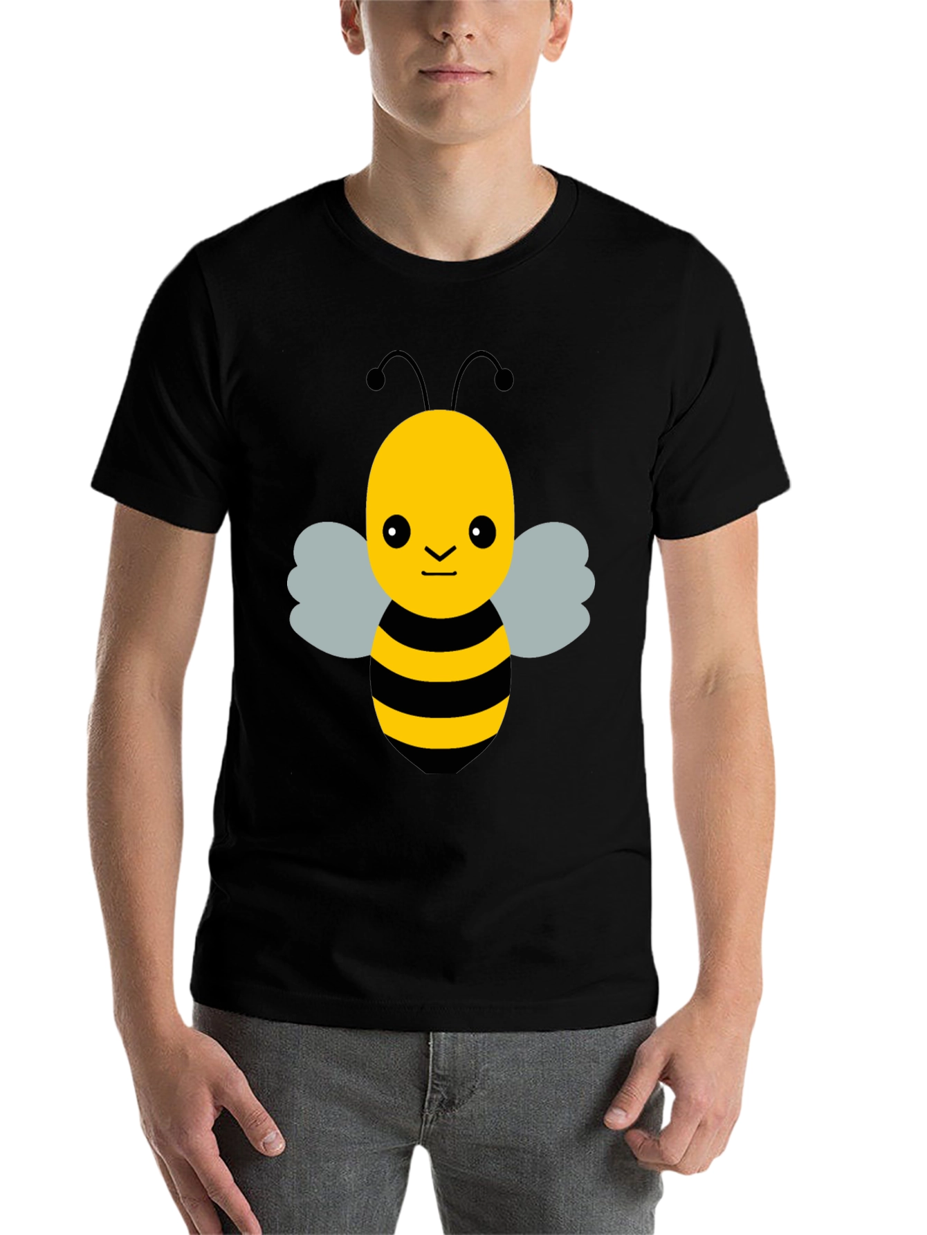 Black Cute Cartoon Bee Graphic Black T-Shirt view 7