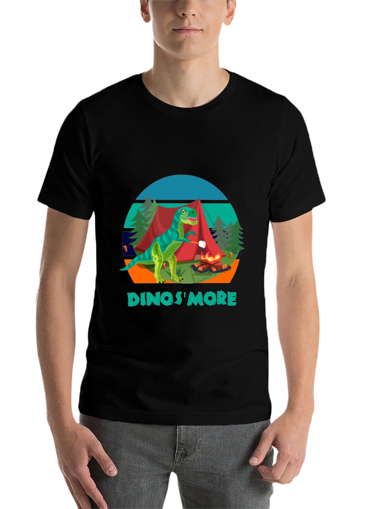 Black Dinos'More Black T-Shirt - Camping Dinosaur view 7