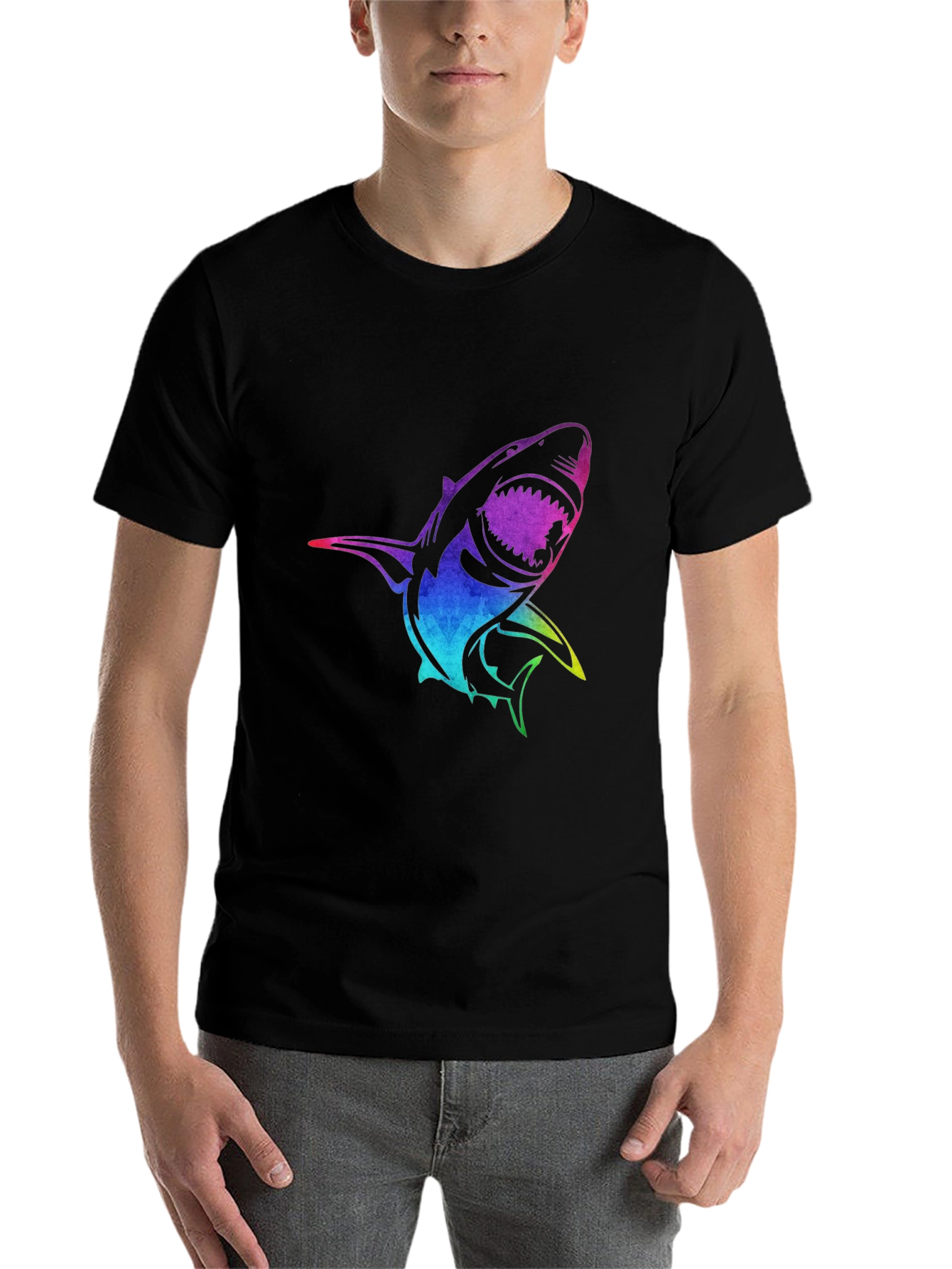 Black Rainbow Shark Graphic Black T-Shirt view 7