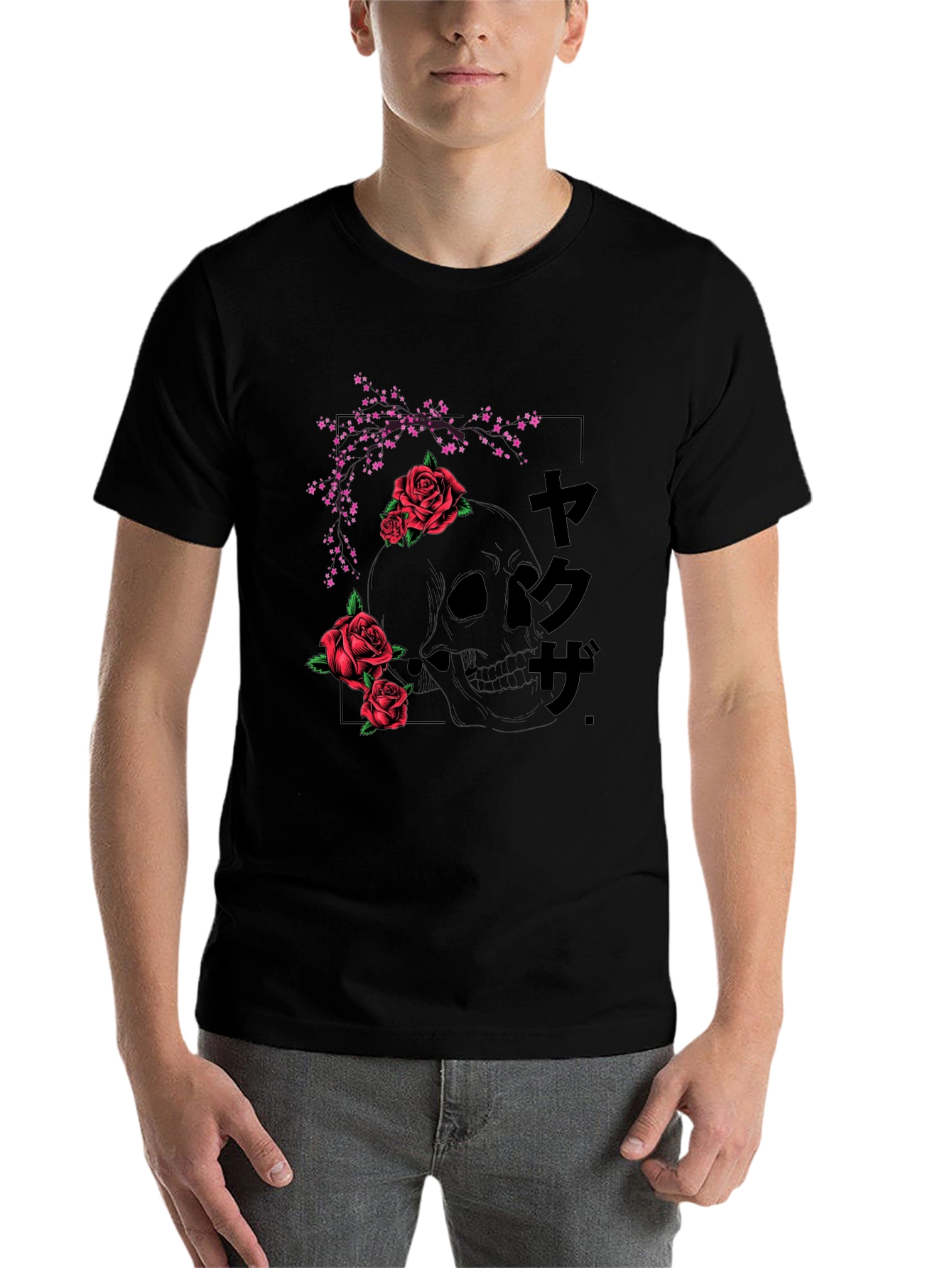 Black Skull & Roses Graphic Tee - Black Japanese Style T-Shirt view 7