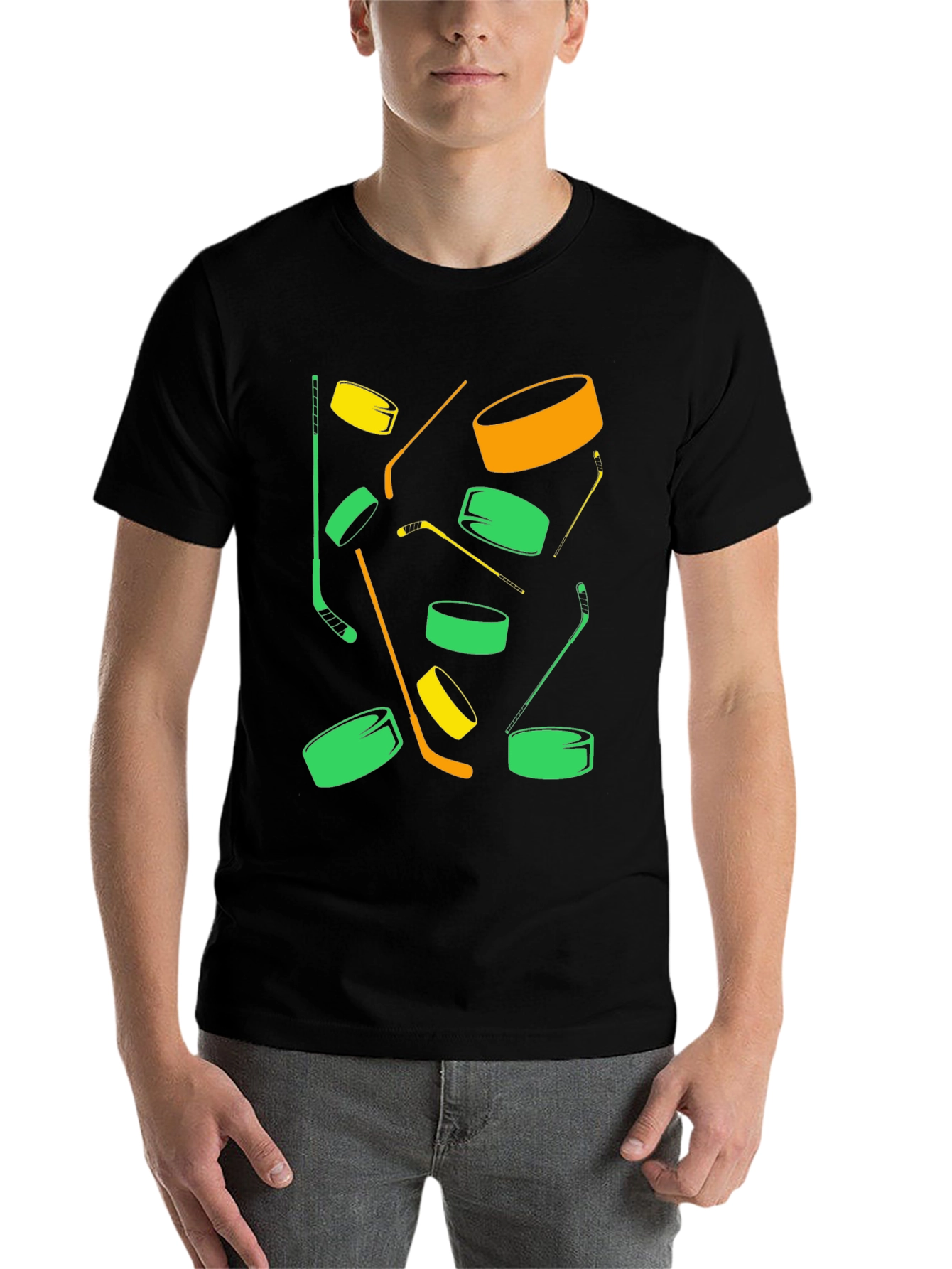 Black Hockey Puck & Stick Graphic Tee - Cool Sportswear view 7