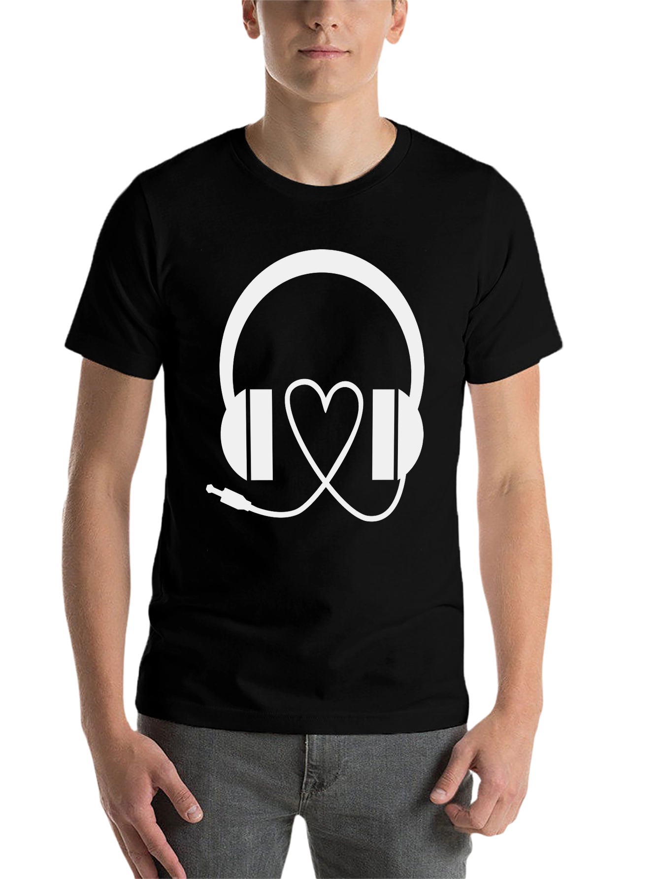 Black Music Lover T-Shirt: Headphones & Heartbeat Design view 7