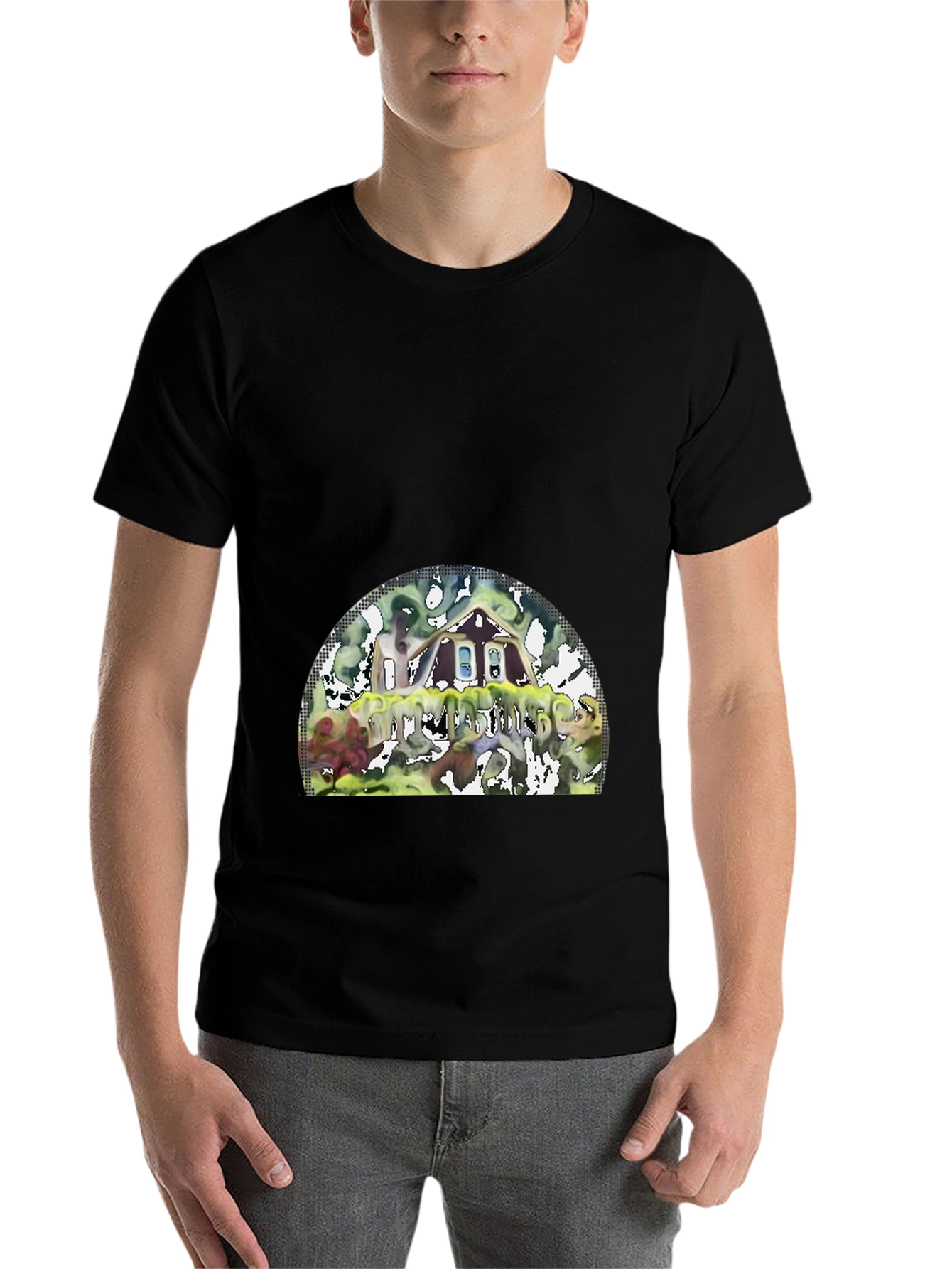 Black Unique Graphic T-Shirt - Abstract House Design view 7