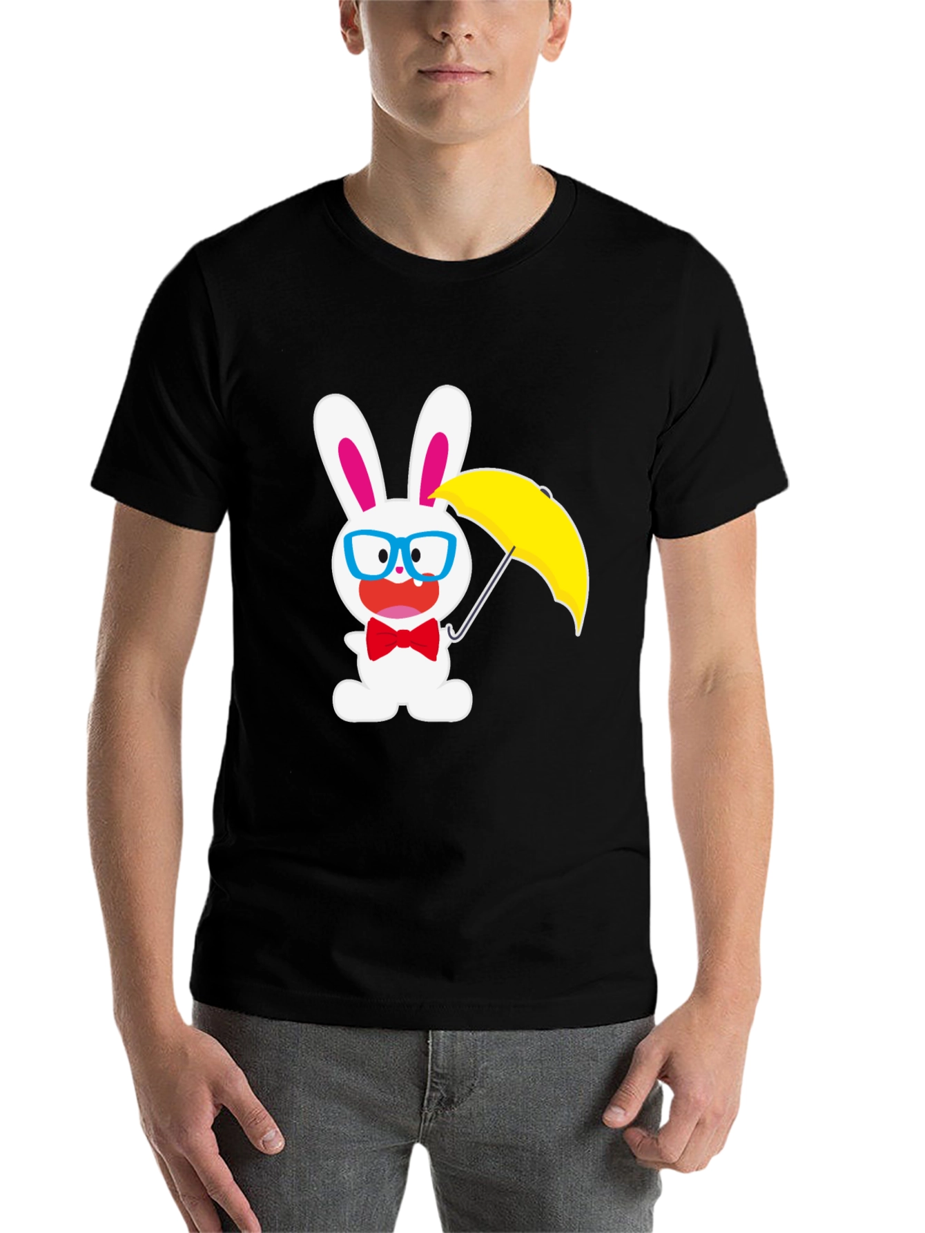 Black Funny Bunny T-Shirt: White Rabbit with Glasses & Umbrella view 7
