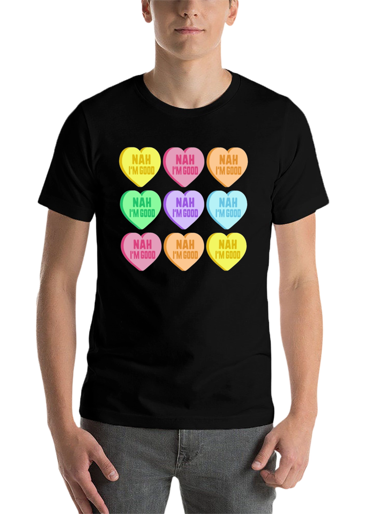 Black Novelty Valentine's Day Candy Heart Graphic T-Shirt view 7