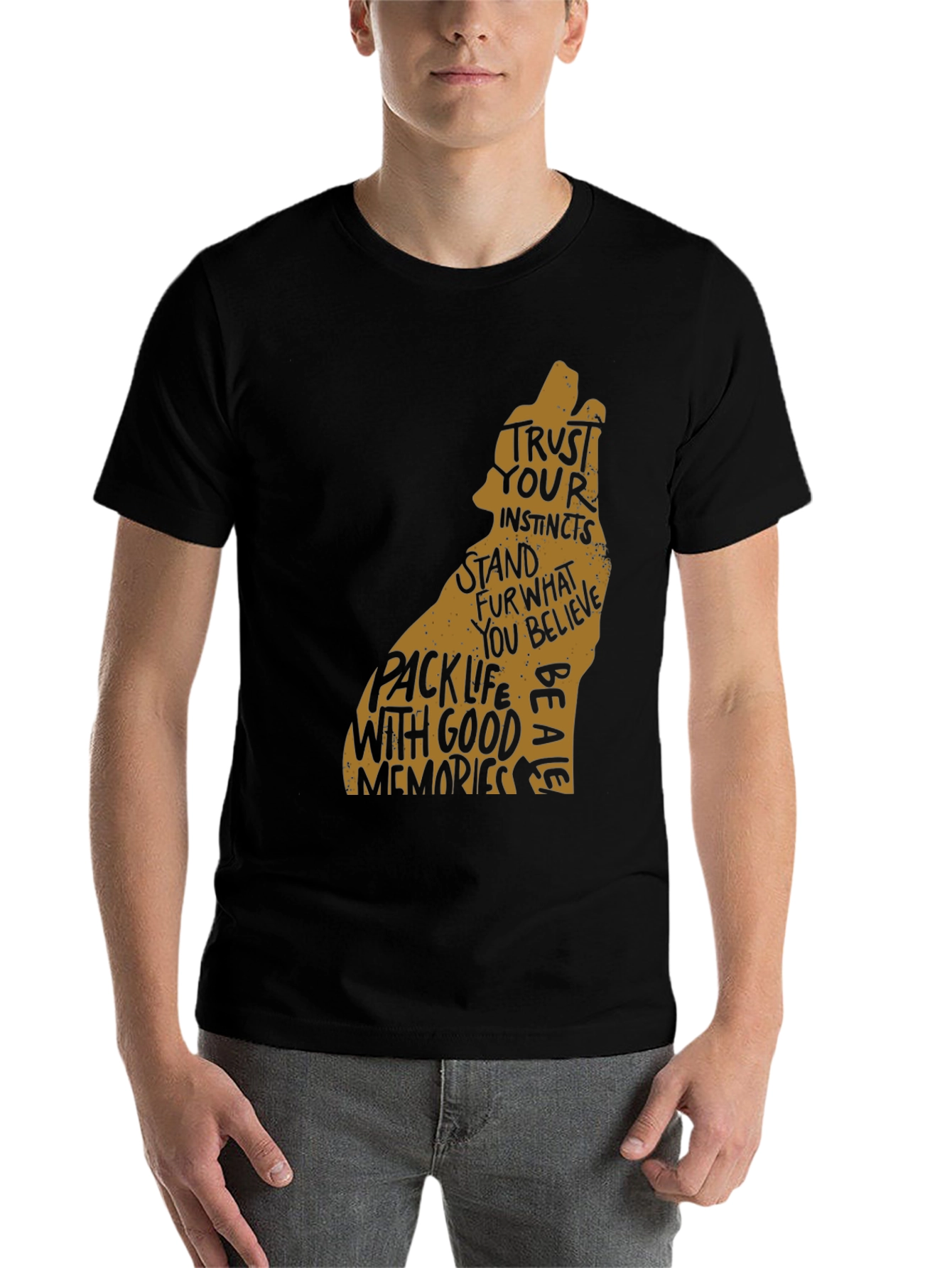 Black Wolf Graphic Print Black Crew Neck T-Shirt view 7